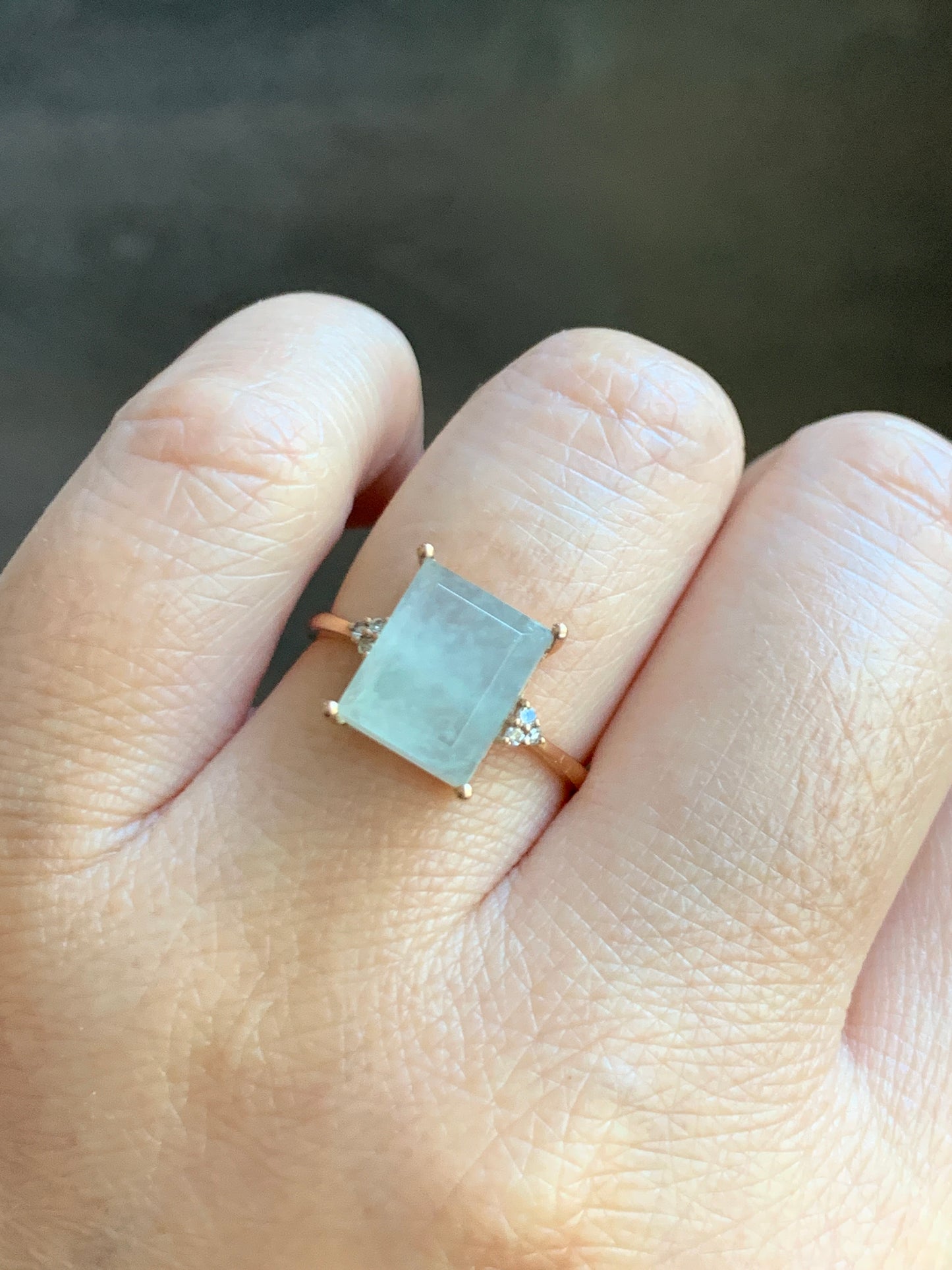 Certified Natural Grade A Icy Highly Translucent Pastel Green Emerald Cut Jadeite Ring 18K Rose Gold Diamonds Size 7 天然正冰晴底雪花棉翡翠切割面钻石镶嵌戒指