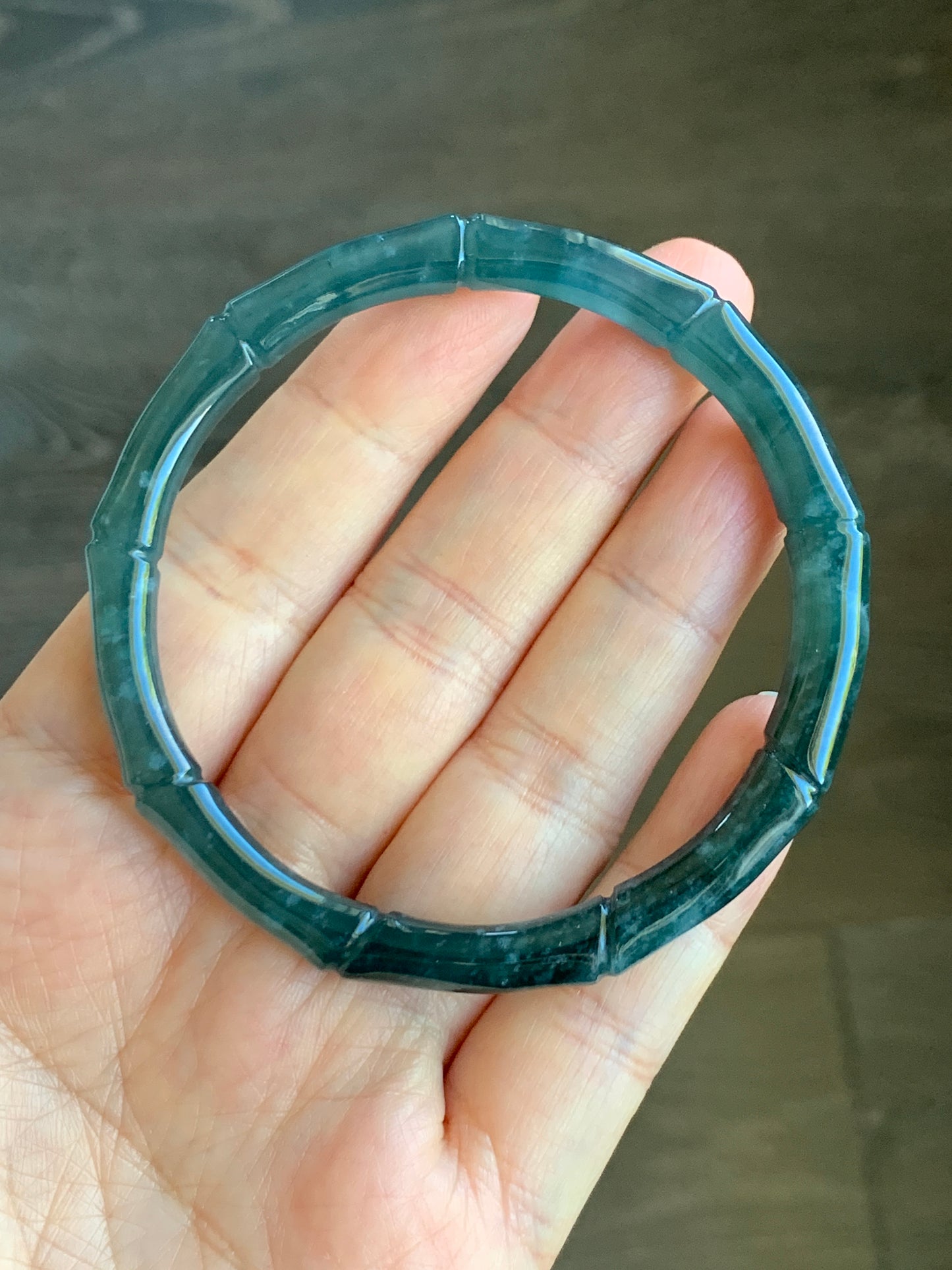 Natural Grade A Icy Translucent Gelatinous Dark Teal Green Jadeite Carved Bamboo Bangle Bracelet 57.2mm 7” 21g 天然冰危深篮绿翡翠竹节手镯 ZJ600-2