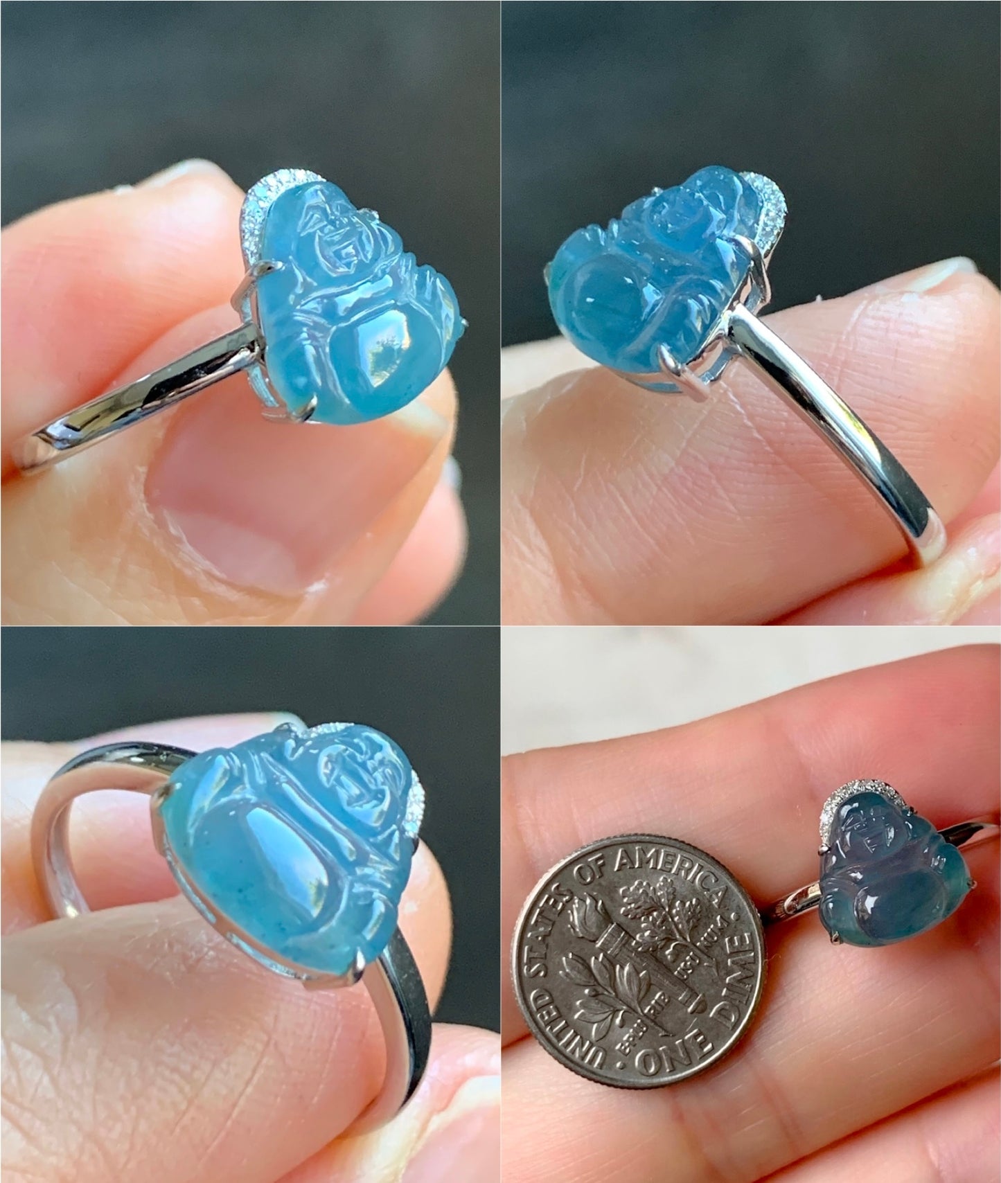 Certified Natural Guatemalan Highly Translucent Blue Jadeite Buddha & Diamond Ring 18K White Gold Size 7 天然高冰危蓝水翡翠佛公钻石镶嵌戒指