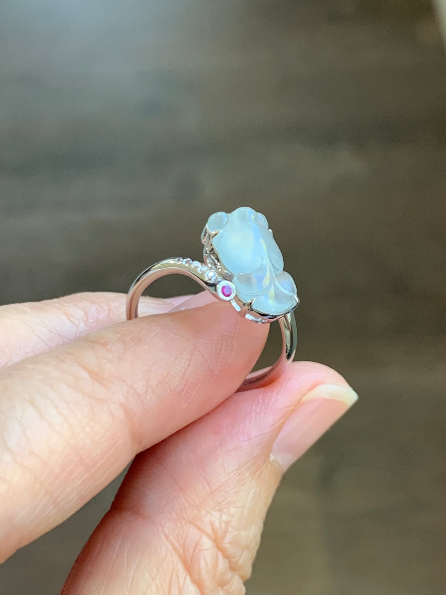 Certified Natural  Transparent White Jadeite Carved Goldfish Diamond & Ruby Ring 18K White Gold sz 7 天然高冰起钢翡翠金鱼钻石红宝镶嵌戒指