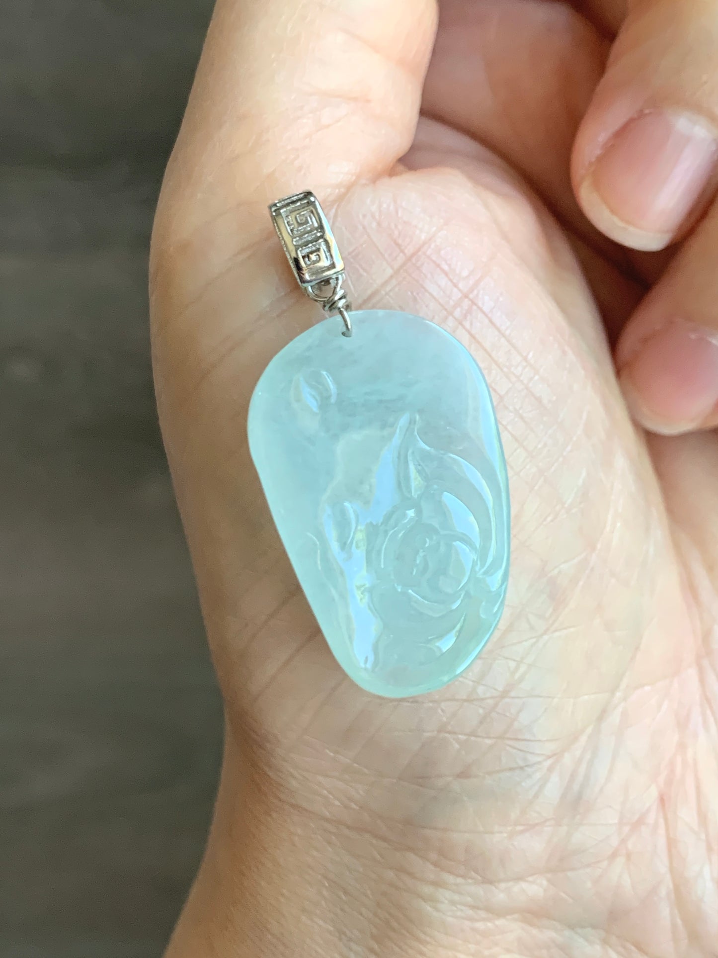 Natural Grade A Icy Translucent Gelatinous Light Bluish Green Jade Jadeite Carved Lotus Flower Pendant Sterling Silver Bail 天然冰晴翡莲花吊坠
