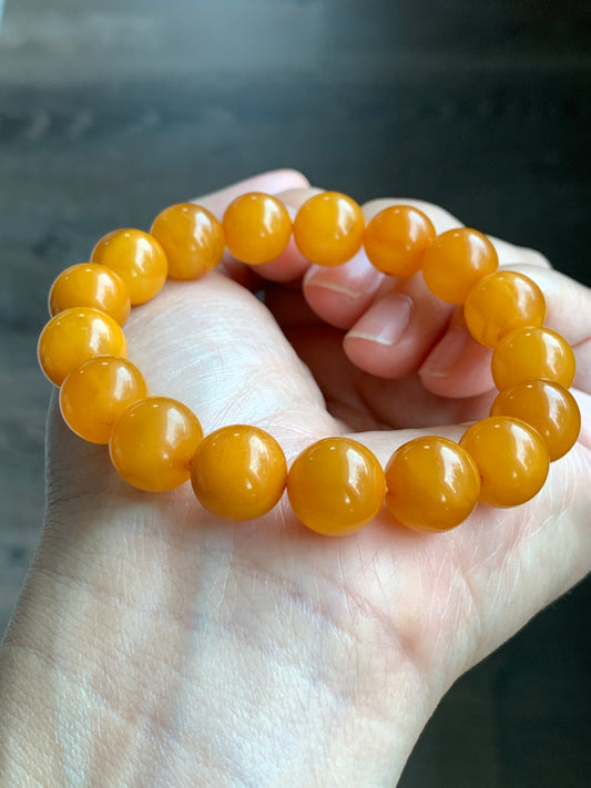 Natural Genuine Aged Beewax Golden Yellow Amber Beaded Bracelet Steetchy 11.5mm 7.25” 14.9g 天然蜜蜡满蜡琥珀手串 DMLZ440