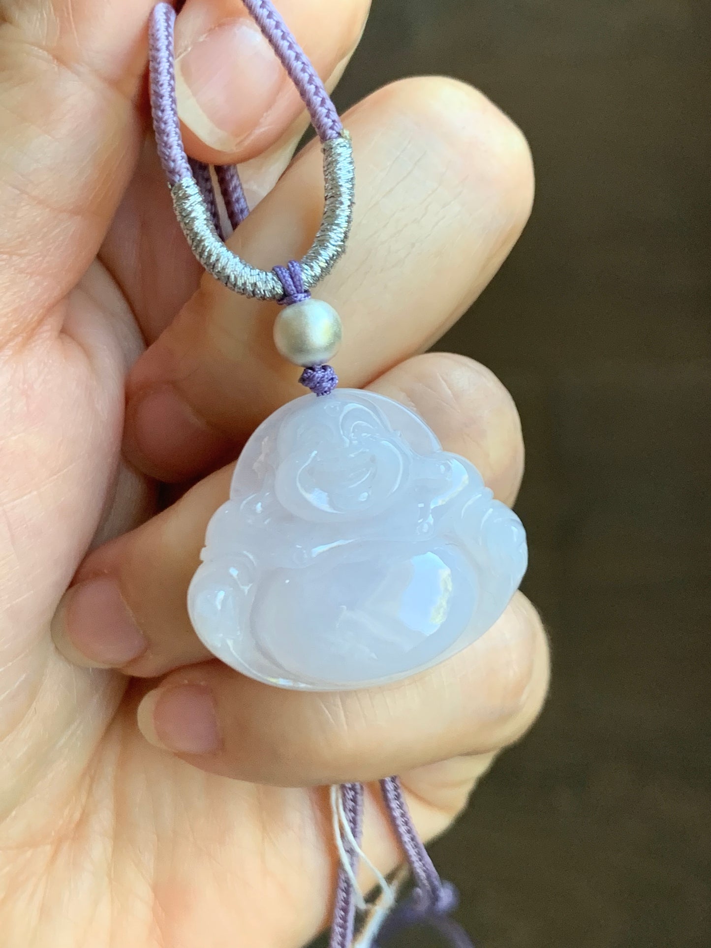 Certified Natural  Icy Translucent Pale Purple Jadeite Buddha Pendant Rope Necklace Sterling Silver 26” 天然冰淡紫底翡翠佛公吊坠 7077