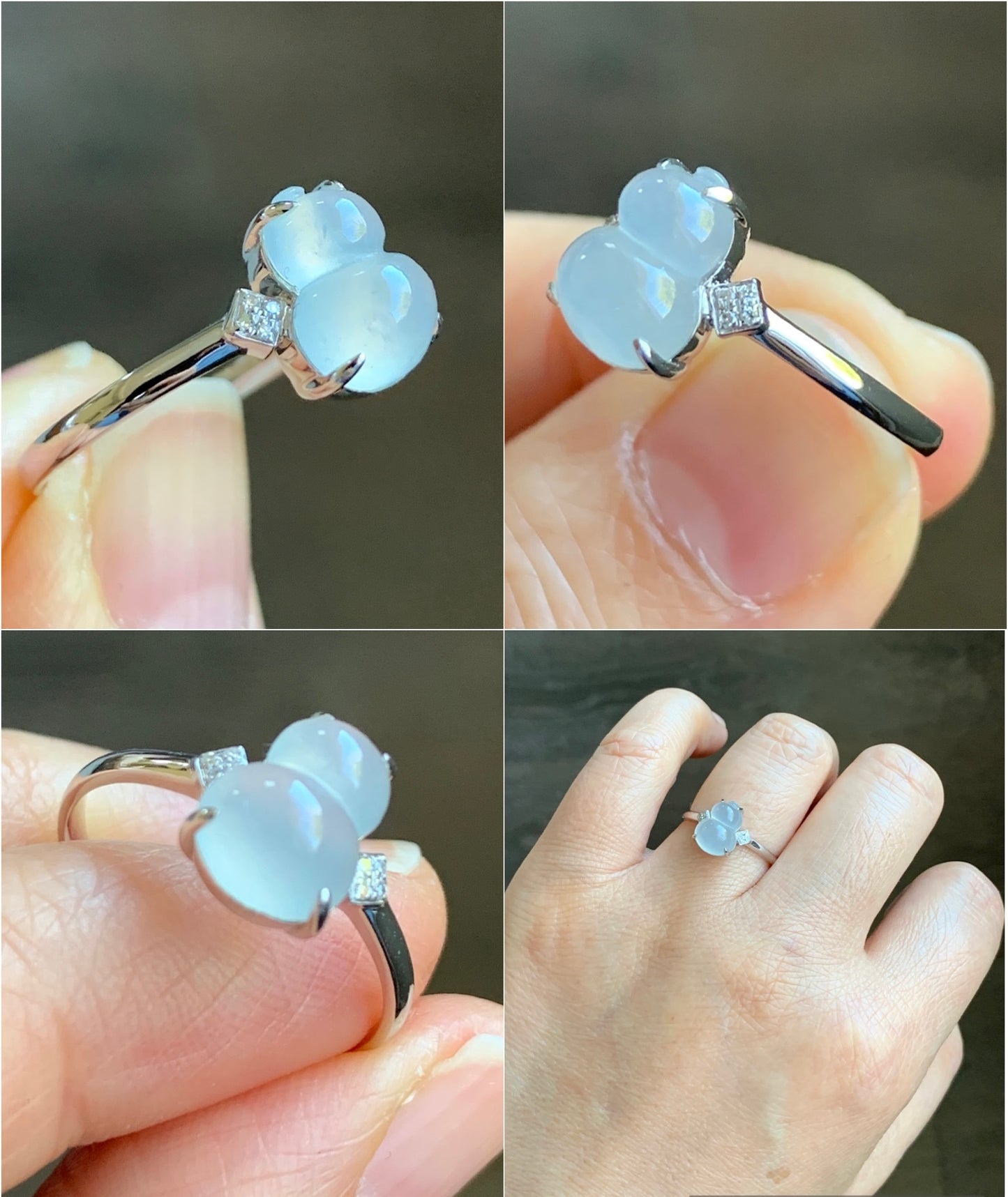 Certified Natural  Premium Highly Translucent Jadeite Hulu Gourd Ring 18K White Gold & Diamonds Sz 7 天然正冰起光起钢白冰葫芦钻石镶嵌戒指