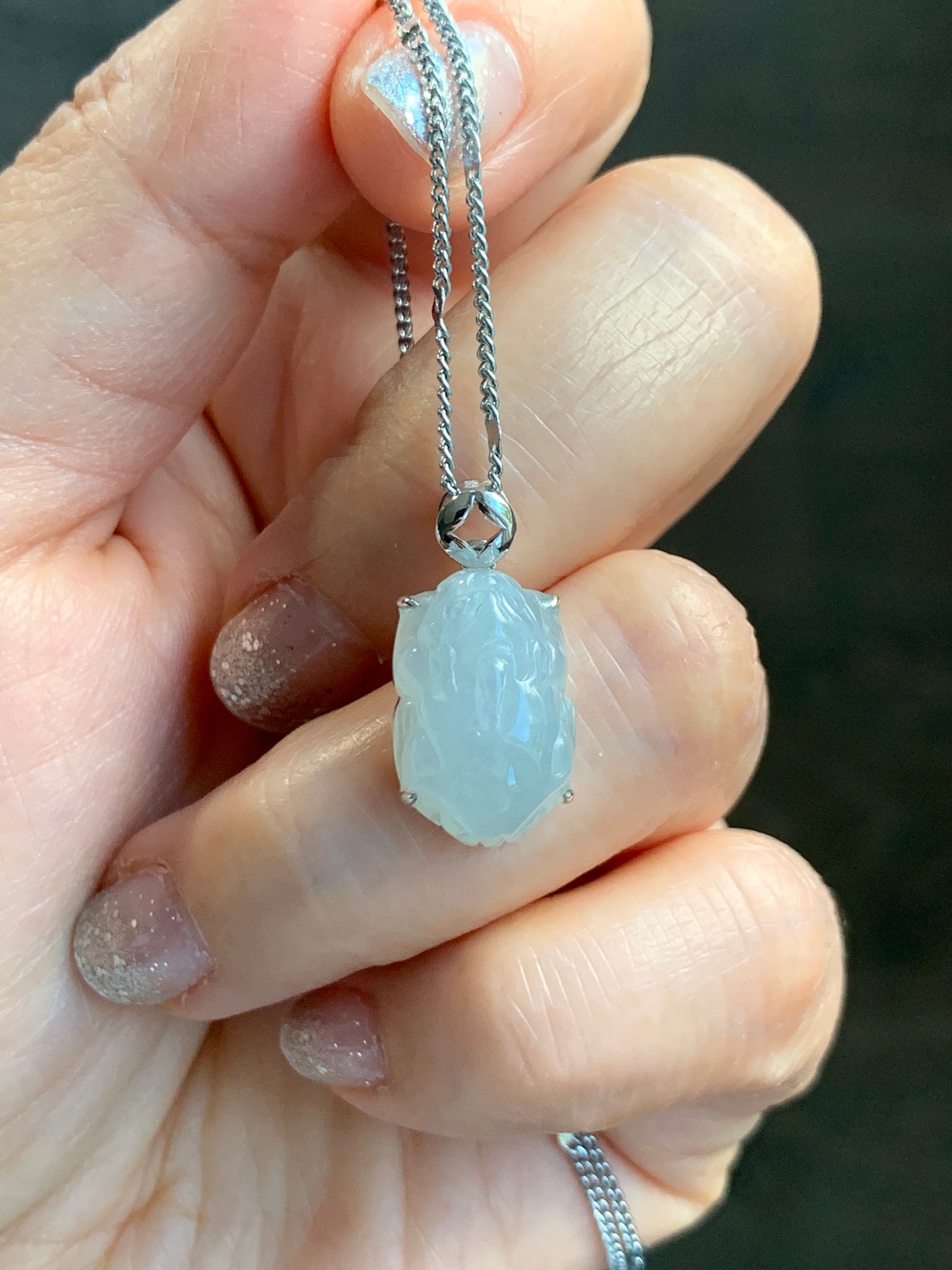 Certified Natural Grade A Icy Translucent Gelatinous Pastel Dusty Blue Jadeite Carved Petite Pixiu Pendant 18K White Gold 天然冰胶淡蓝翡翠貔貅镶嵌吊坠2296