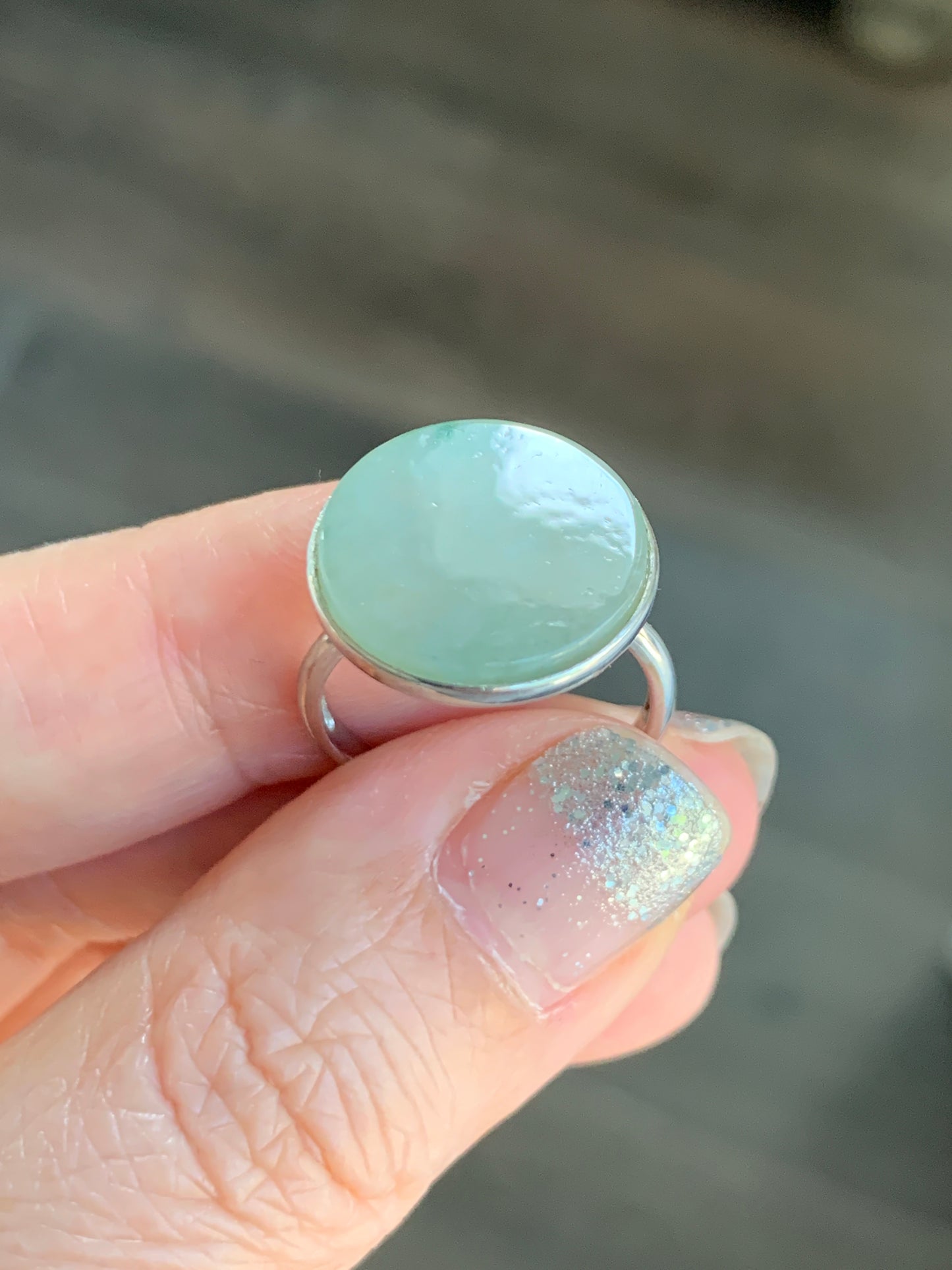 Natural Grade A Icy Translucent Gelatinous Dusty Green w/ Green Marbling Jade Jadeite Disc Ring S925 Silver Size Adjustable 天然晴绿飘花翡翠无事牌银镶戒指 WSP