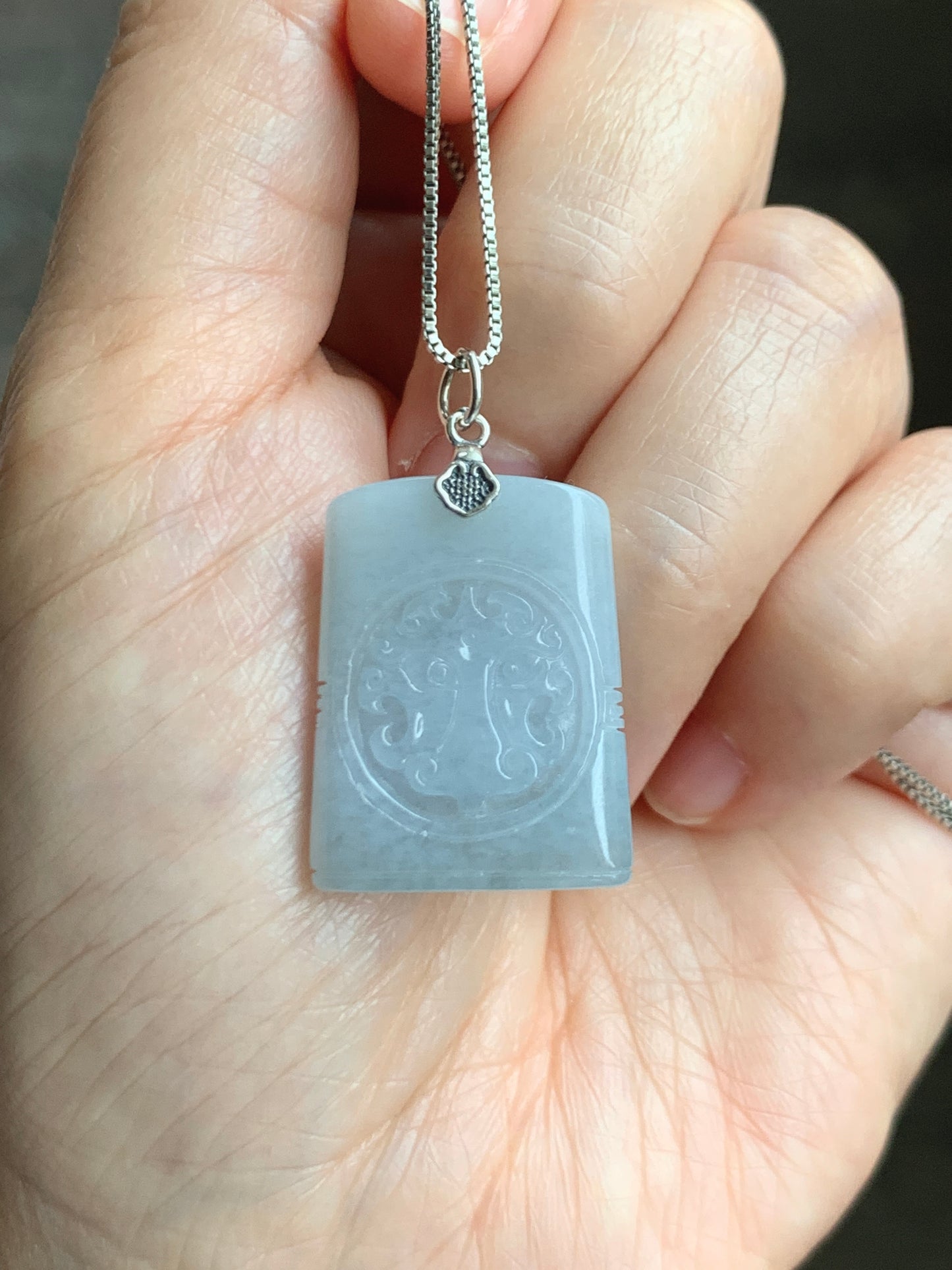 Natural Grade A Icy Translucent Pastel Blue Jade Jadeite Tao Tie Mythological Beast Tag Pendant Sterling Silver 7g 天然冰淡蓝底翡翠饕餮牌吊坠 TTE180