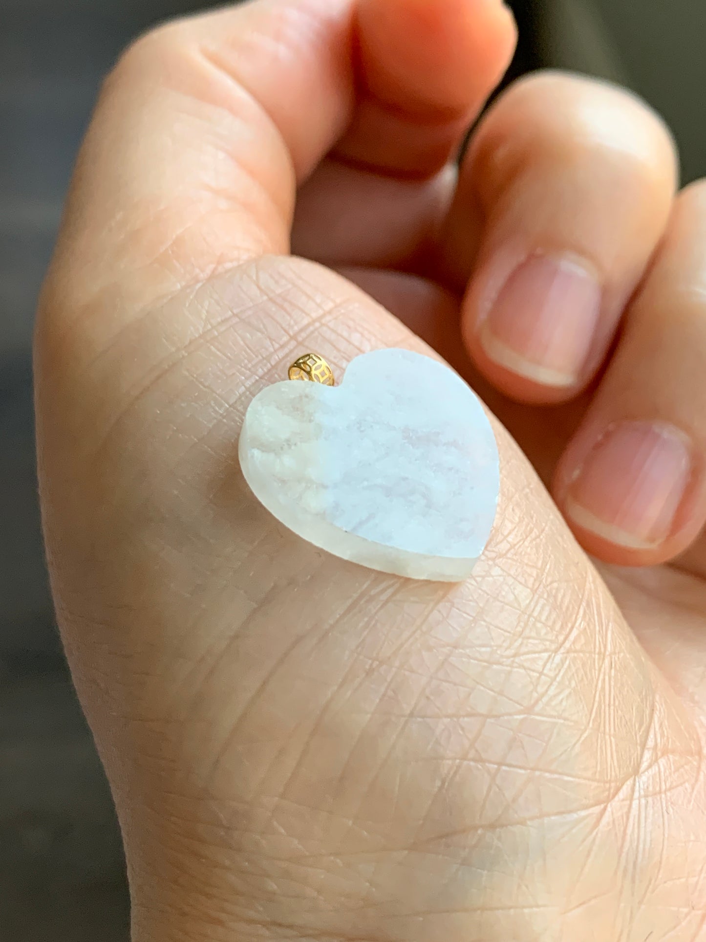 Natural  Highly Translucent Icy Jadeite w/ White Marbling Heart Pendant 18K Yellow Gold Bail 17” Cord 天然白冰莫西沙翡翠爱心镶嵌吊坠 Style 1