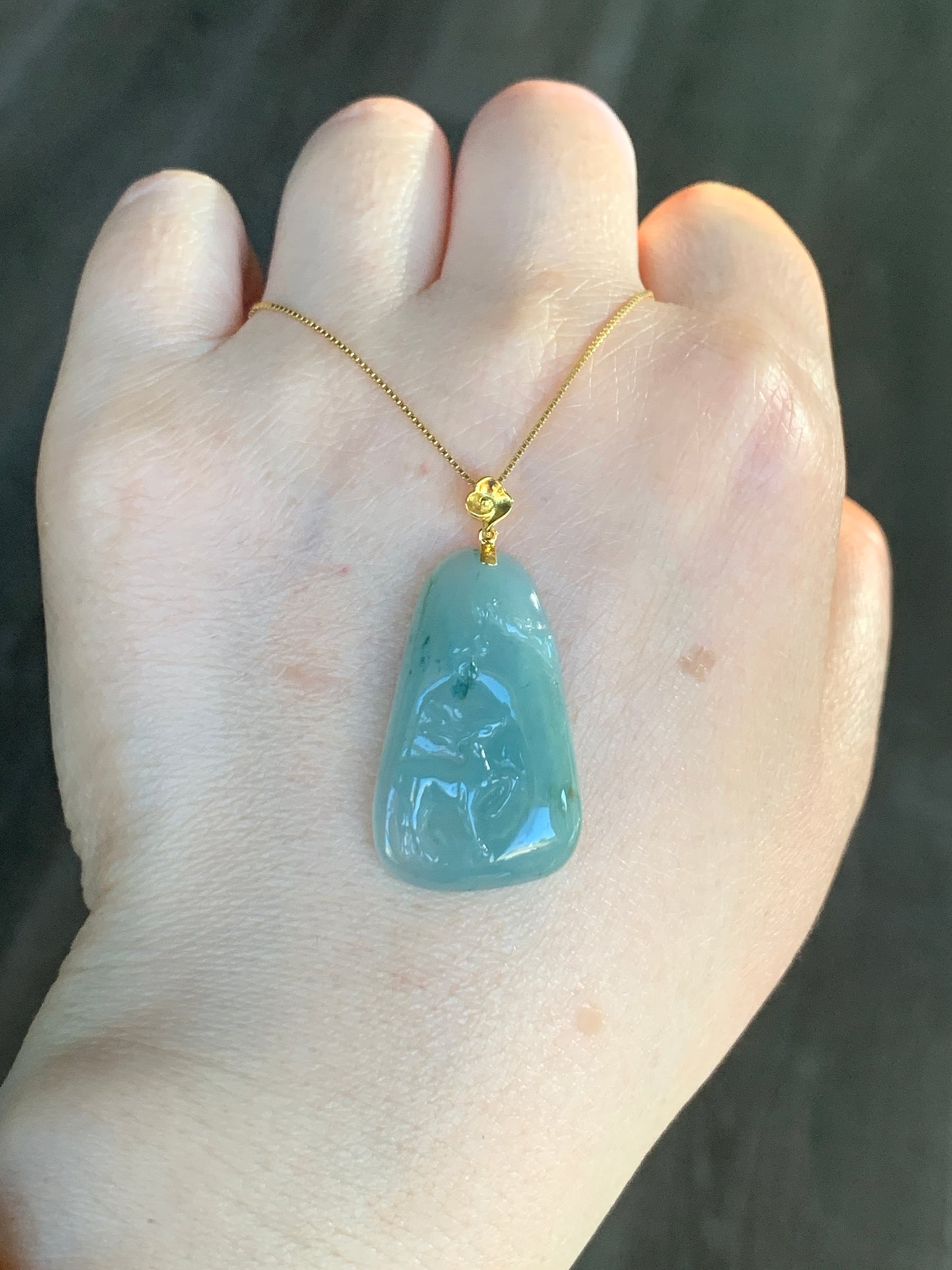 Certified Natural  grade A Icy Translucent Green Jadeite Deer Engraved Pendant with 18K Yellow Gold Bail 天然翡翠正冰满绿飘花鹿牌镶嵌吊坠