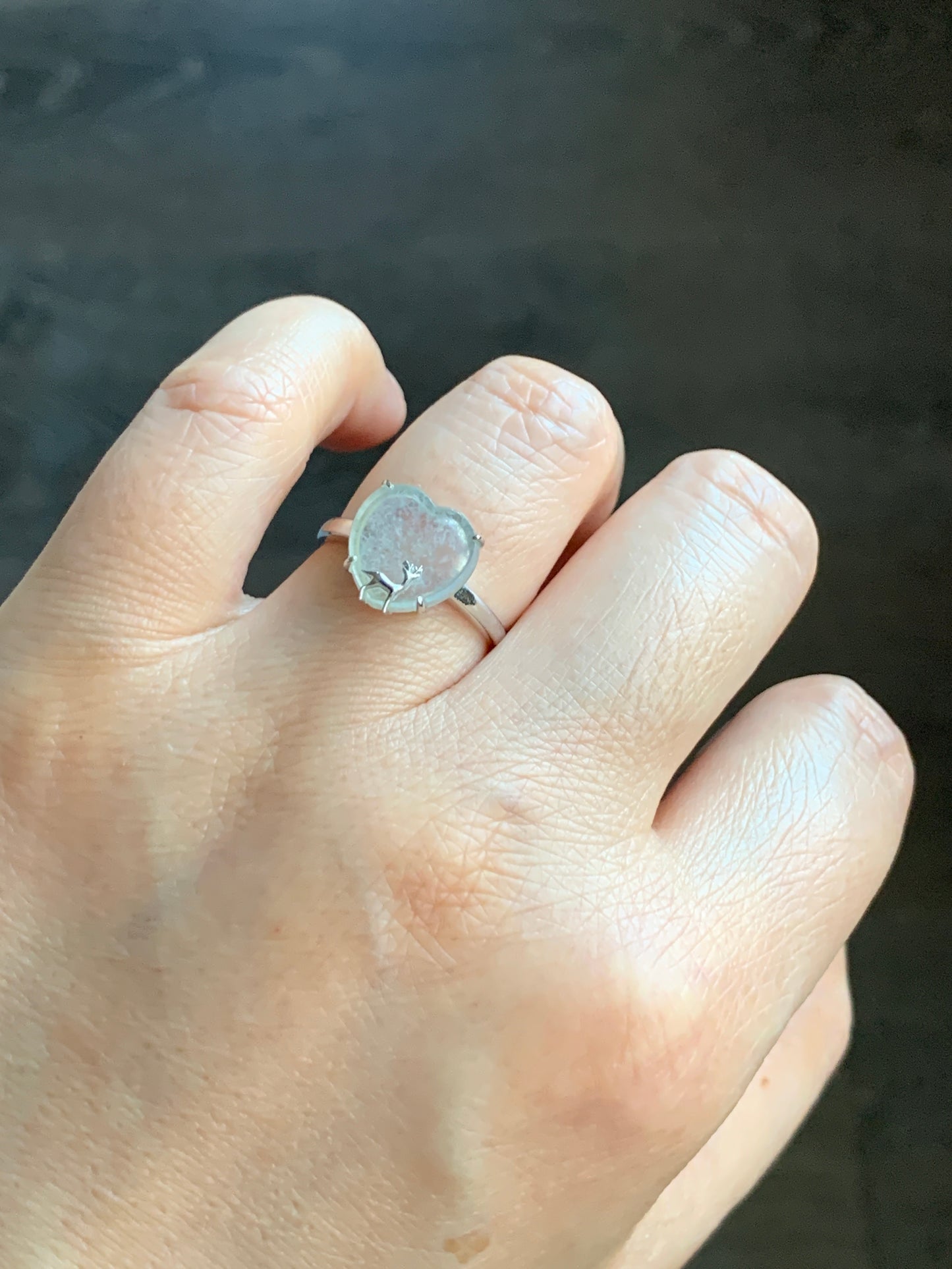 Certified Natural Grade A Premium Icy Transparent White Jadeite Heart w/ Deer Ring 18K White Gold Size 7 2.38g 天然玻璃种起钢白冰翡翠爱心小鹿镶嵌戒指 3887