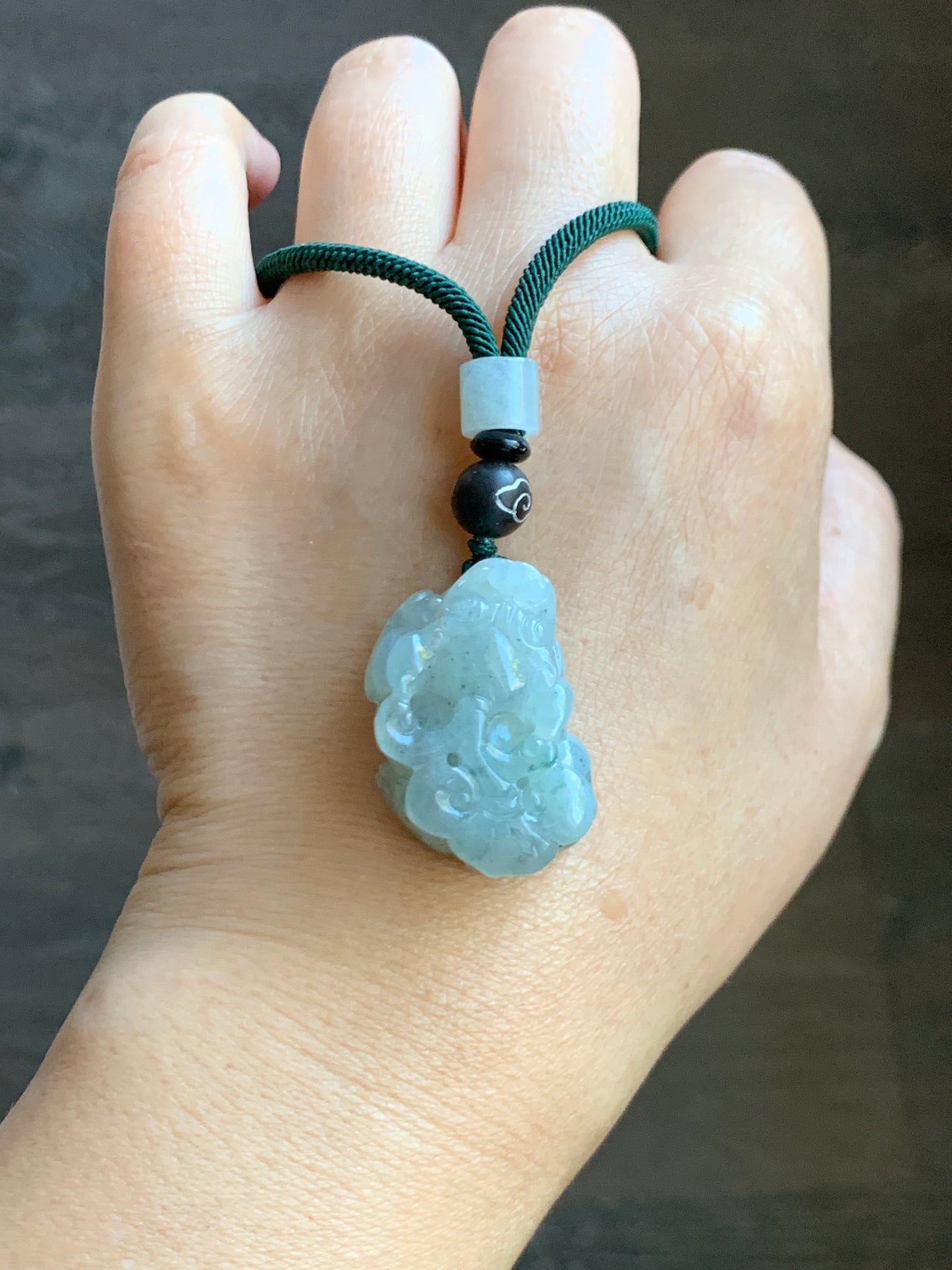 Large Natural Grade A Icy Translucent Gelatinous Green Marbled Jadeite Pixiu Pendant Rope Necklace 26" Adjustable 天然冰胶飘海草绿花貔貅吊坠挂件