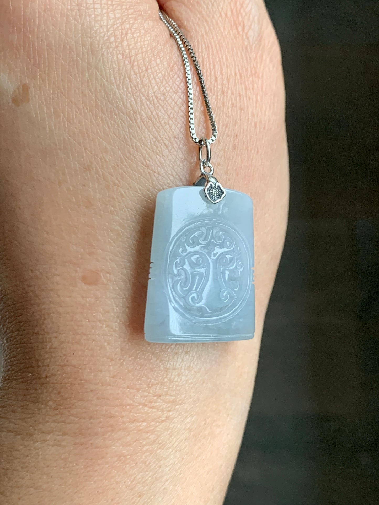 Natural Grade A Icy Translucent Pastel Blue Jade Jadeite Tao Tie Mythological Beast Tag Pendant Sterling Silver 7g 天然冰淡蓝底翡翠饕餮牌吊坠 TTE180