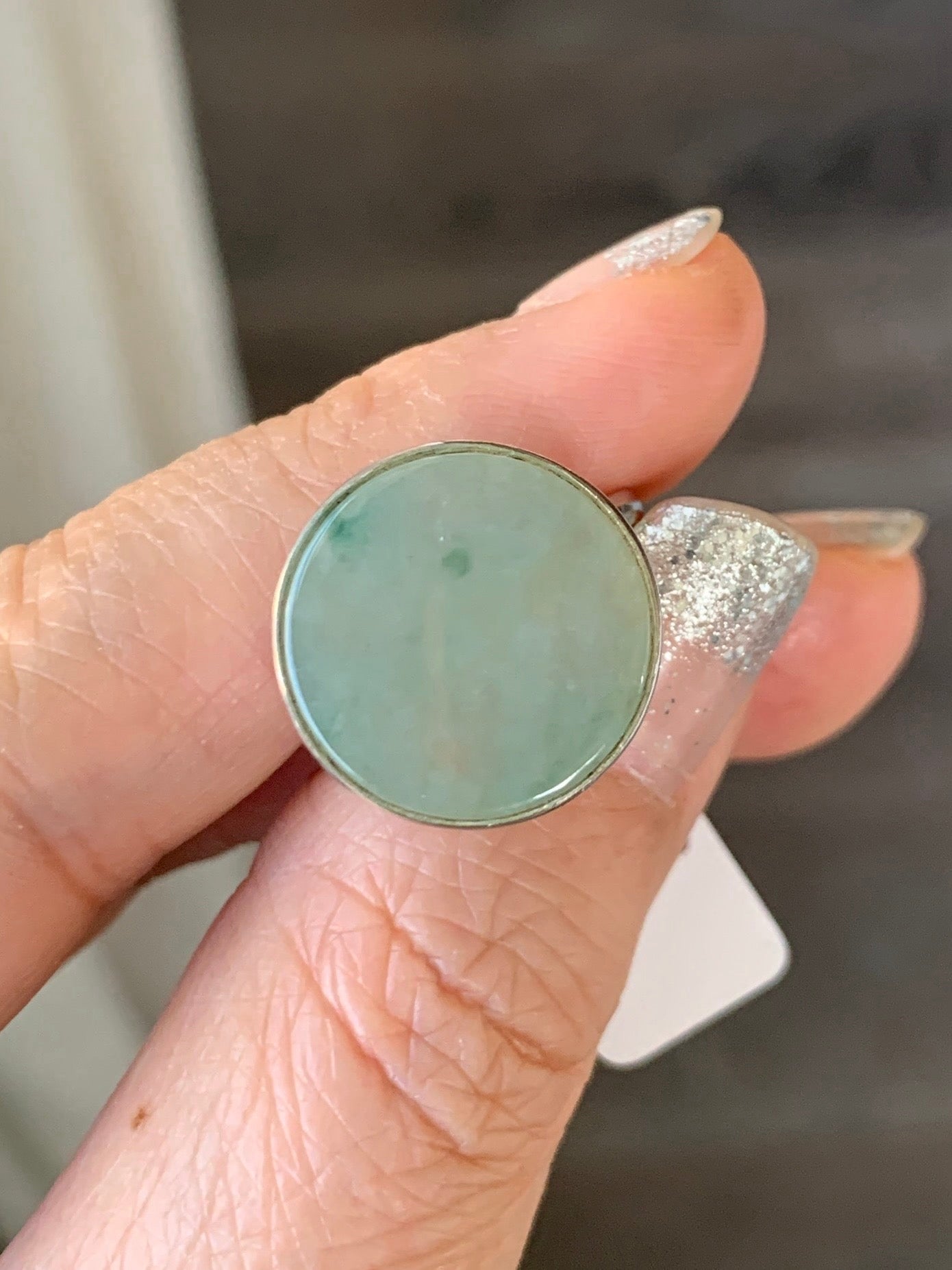 Natural Grade A Icy Translucent Gelatinous Dusty Green w/ Green Marbling Jade Jadeite Disc Ring S925 Silver Size Adjustable 天然晴绿飘花翡翠无事牌银镶戒指 WSP