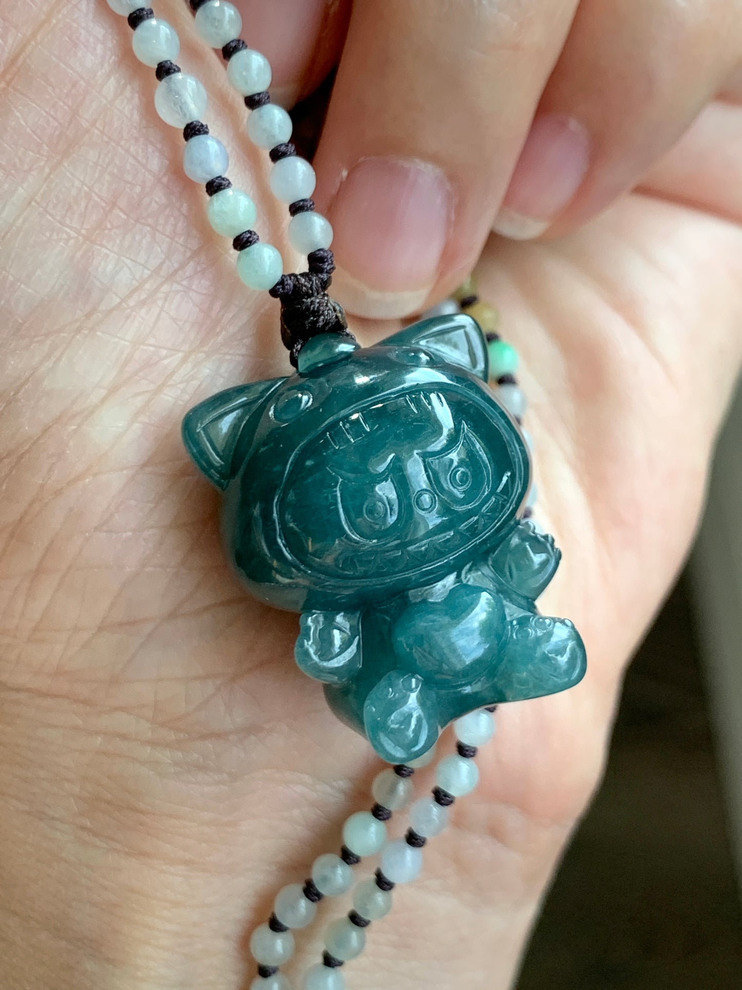 Natural Grade A Guatemalan Icy Translucent Dark Teal Blue Jade Jadeite Carved Labubu Pendant Beaded Necklace 23.5” 天然冰危深蓝绿翡翠吊坠 LBB138