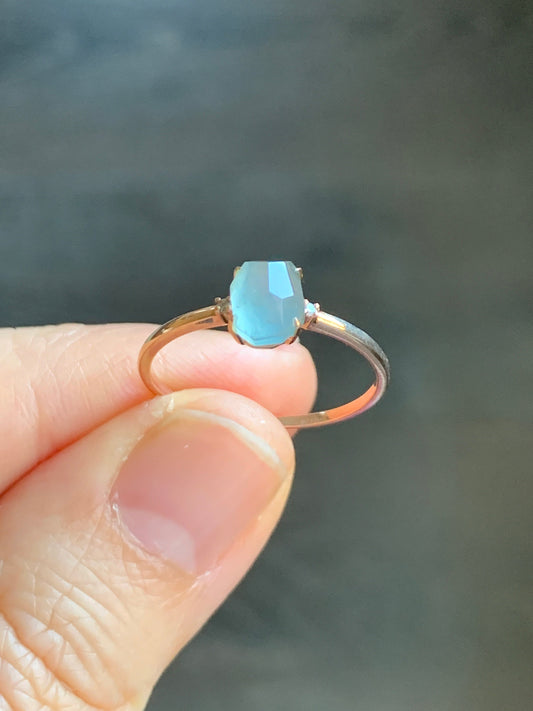 Certified Natural Grade A Icy Translucent Light Blue Jadeite Faceted Cabochon Solitaire Ring 18K Rose Gold Diamonds Sz 7 天然天空蓝翡翠切割面钻石镶嵌戒指