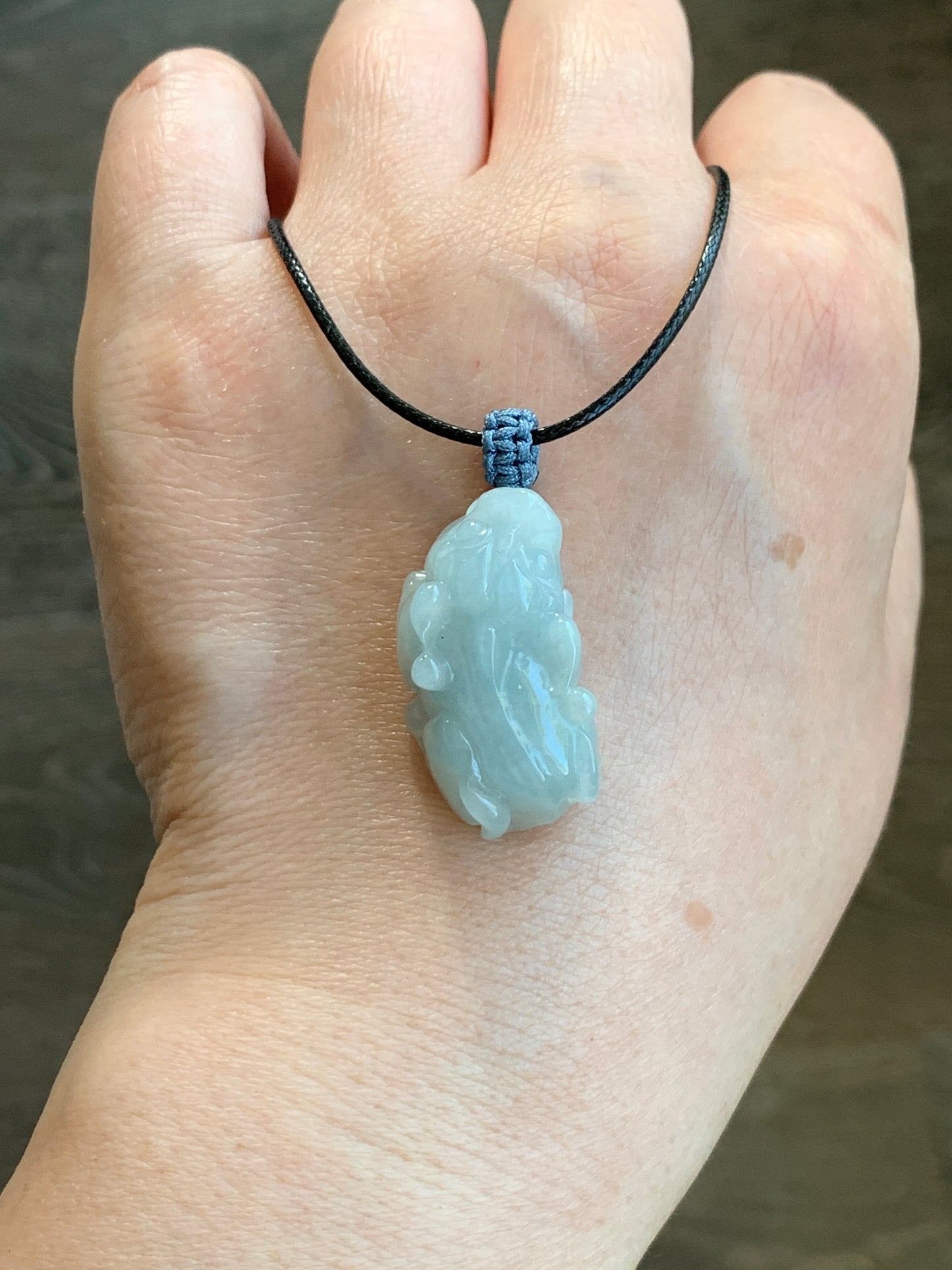 Natural Grade A Icy Translucent Gelatinous Pastel Dusty Blue Jadeite Pixiu Pendant Rope Bail with Black Cord Necklace 11g 天然冰胶淡蓝翡翠貔貅吊坠