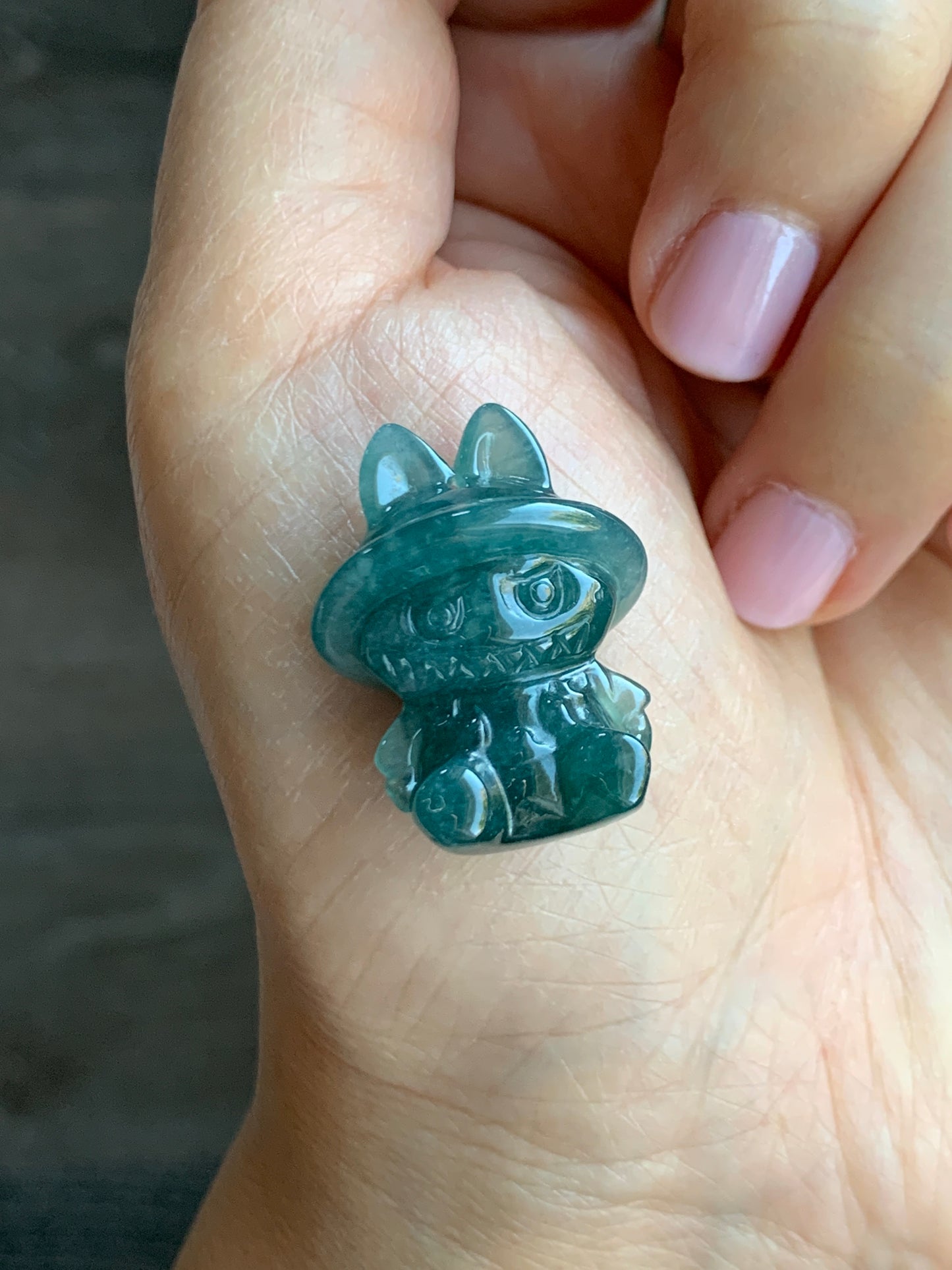 Natural Grade A Guatemalan Icy Translucent Dark Teal Blue Jade Jadeite Carved Monster Plush Pendant Rope Necklace 26” 天然冰胶危深蓝绿翡翠吊坠 LBB88-B