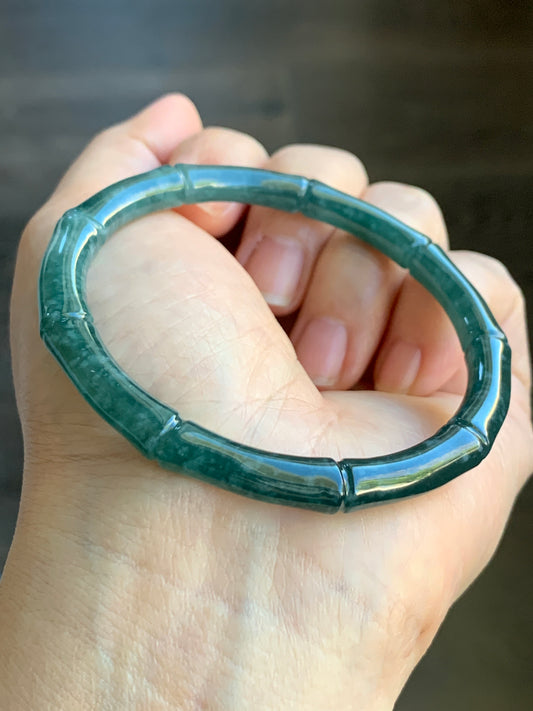 Certified Natural Grade A Icy Translucent Gelatinous Dark Teal Green Jadeite Carved Bamboo Bangle Bracelet 56.6mm 7” 20g 天然冰危深篮绿翡翠竹节手镯 7826