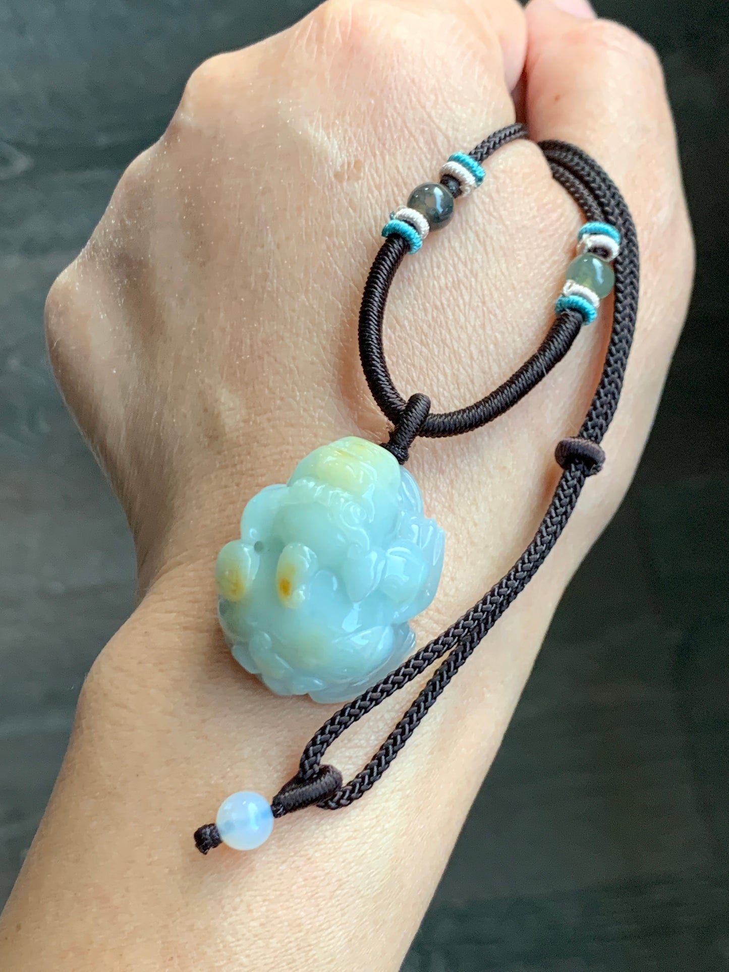 Large Natural  Jadeite Icy Translucent Light Blue Jadeite w/ Golden Yellow Marbling Pixiu Pendant Rope Necklace 天然厚装冰蓝撒金翡翠貔貅吊坠