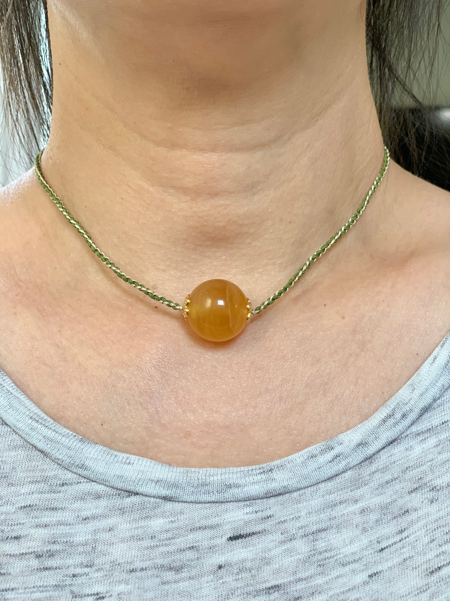Natural Honeybee Wax Amber Large Sphere Rope Necklace w/ Amber Charms Sterling Silver 17” Adjustable