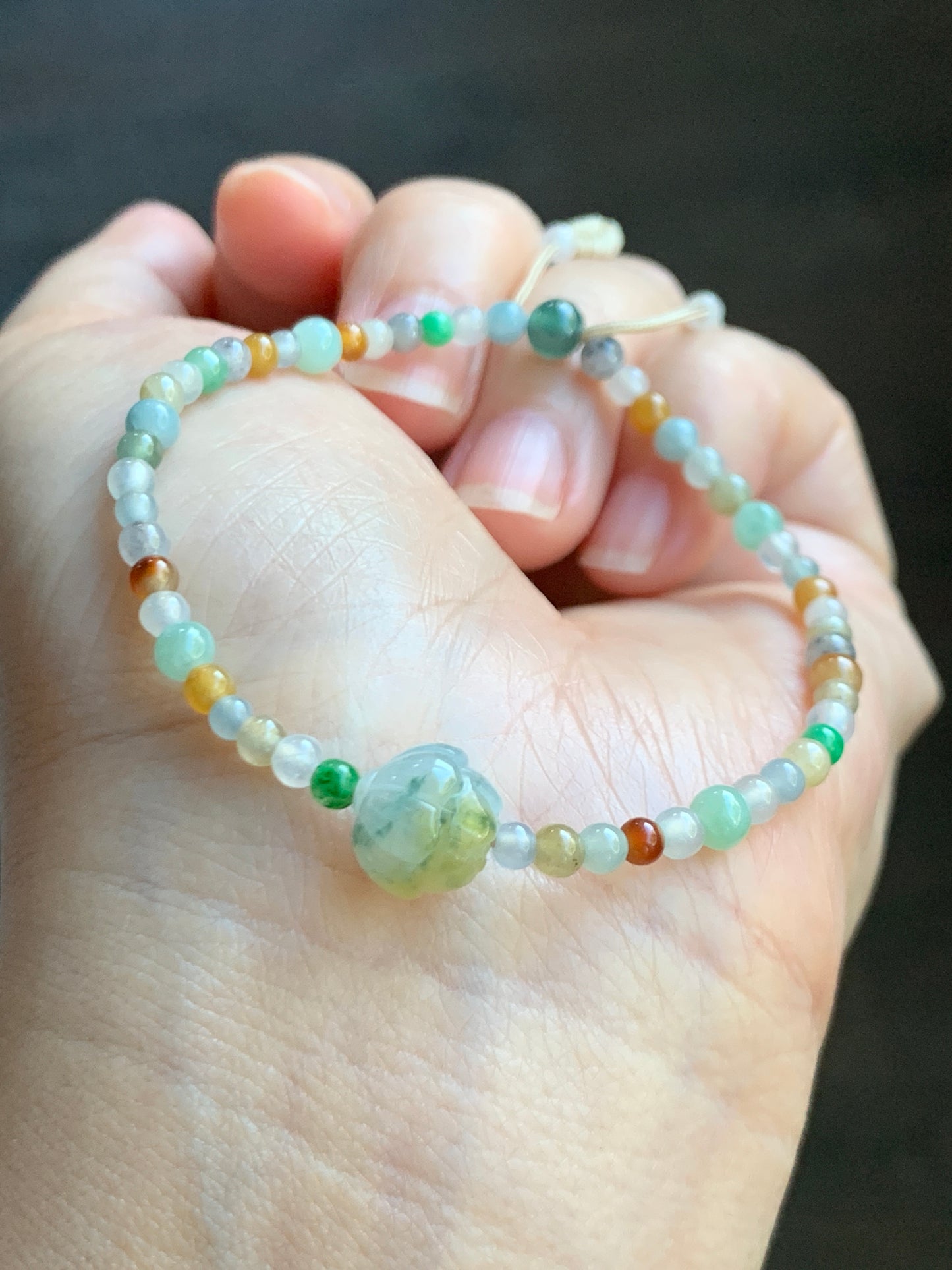 Natural  Icy Translucent Multicolored Jadeite Petite Beads Carved Lotus Flower Bead Beaded Bracelet 6.75”-8.75” 天然冰透多宝翡翠小珠三色莲花珠手串