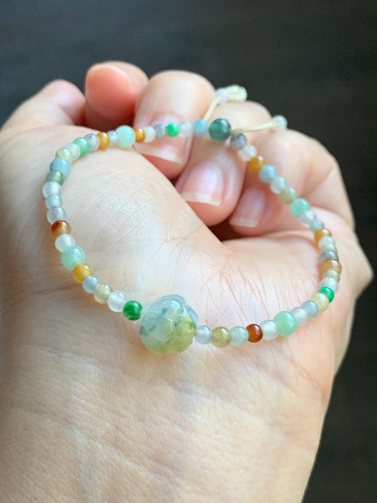 Natural  Icy Translucent Multicolored Jadeite Petite Beads Carved Lotus Flower Bead Beaded Bracelet 6.75”-8.75” 天然冰透多宝翡翠小珠三色莲花珠手串