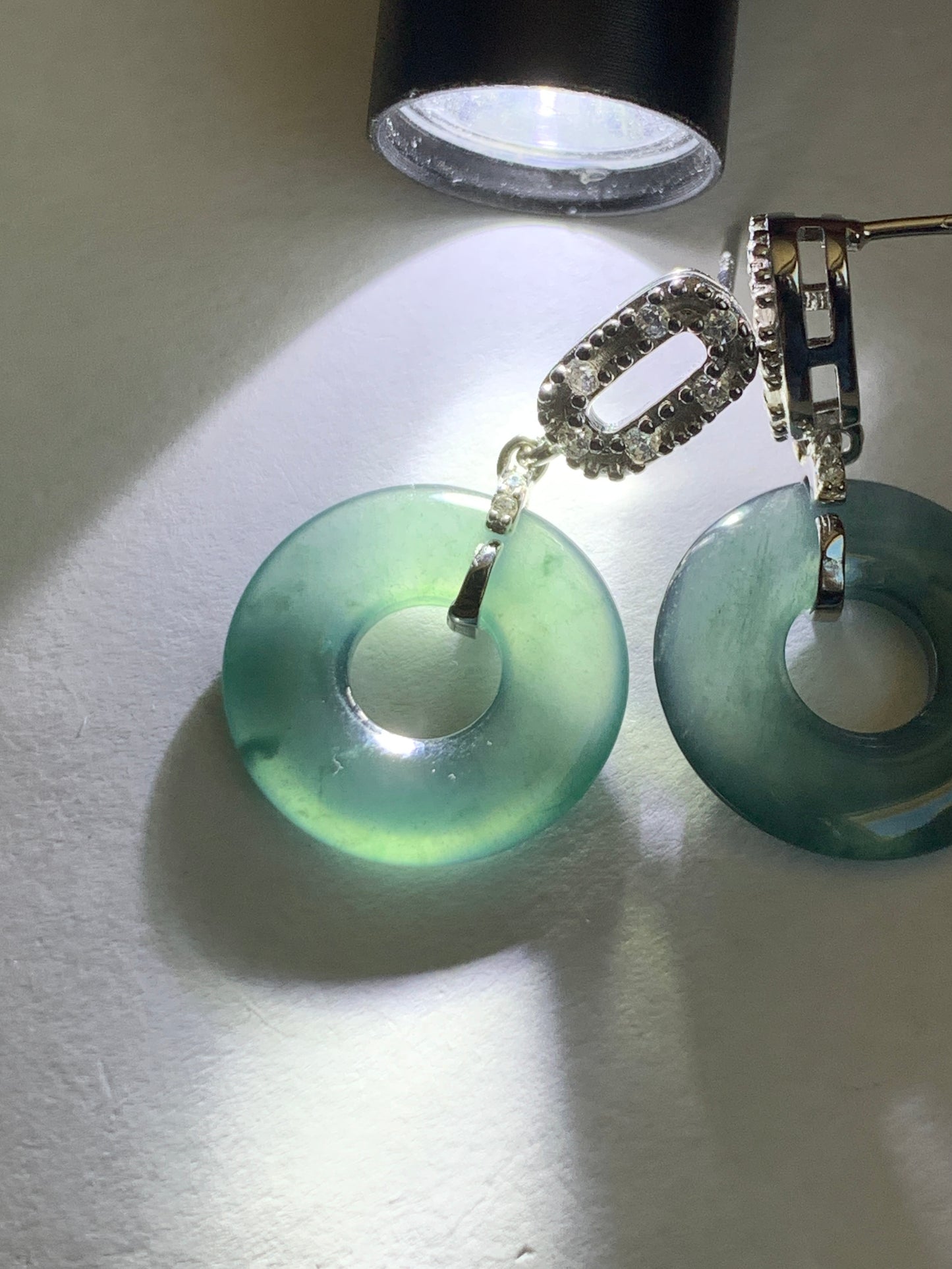 Natural Guatemalan Icy Translucent Dark Teal Blue Jadeite Ping An Kou Donut Stud Earrings Sterling Silver天然冰危深蓝绿翡翠平安扣耳钉