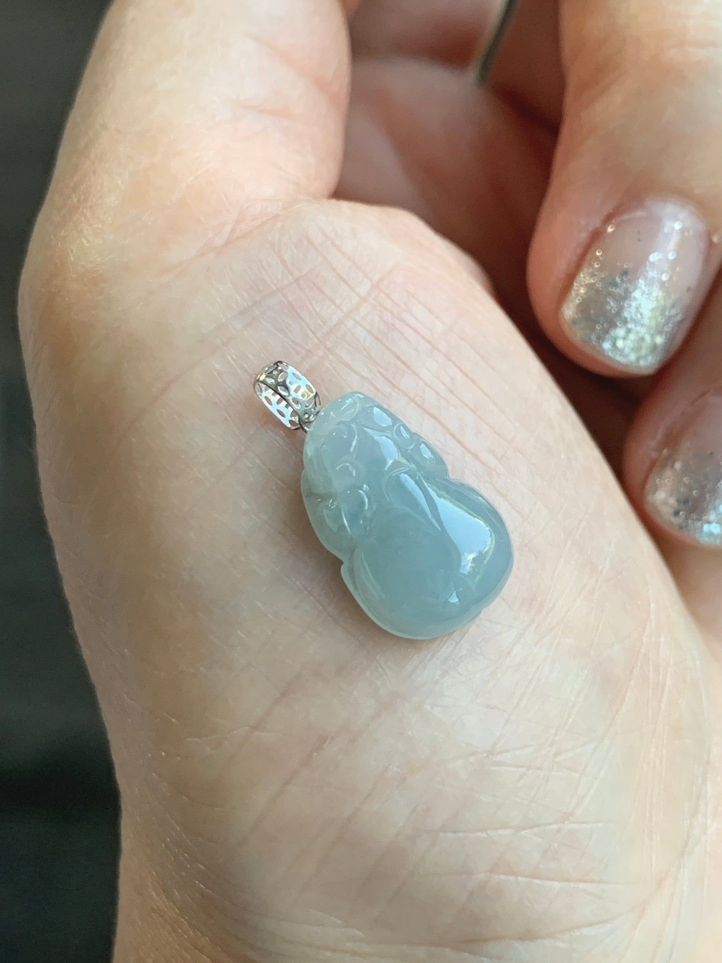 Natural Grade A Icy Translucent Gelatinous Pastel Dusty Blue Jade Jadeite Petite Pixiu Pendant 18K White Gold Bail 天然冰胶淡蓝翡翠貔貅吊坠 MTL250