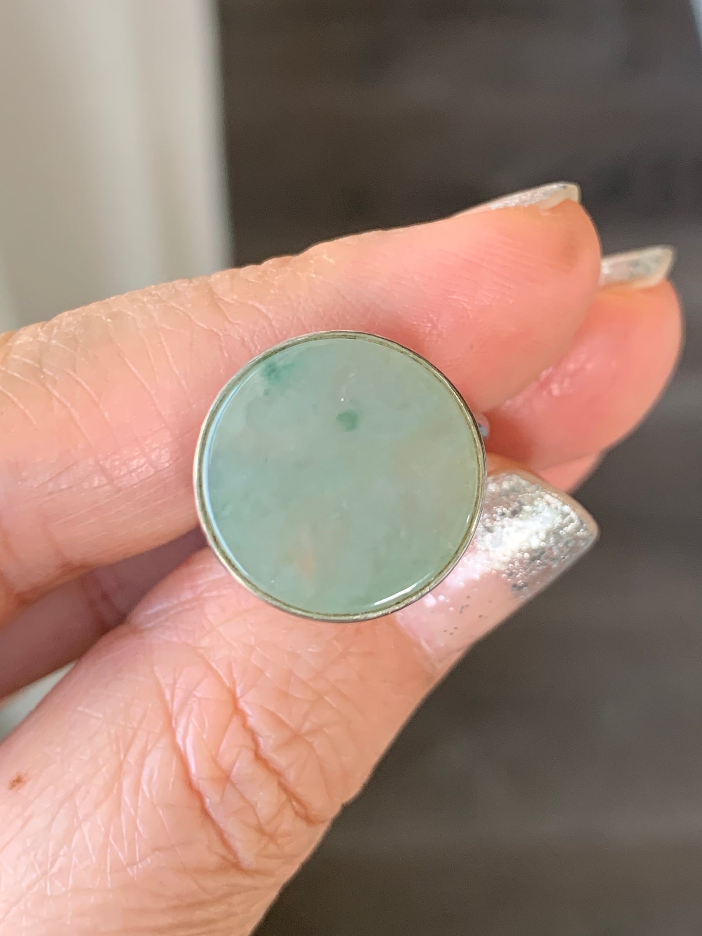Natural Grade A Icy Translucent Gelatinous Dusty Green w/ Green Marbling Jade Jadeite Disc Ring S925 Silver Size Adjustable 天然晴绿飘花翡翠无事牌银镶戒指 WSP