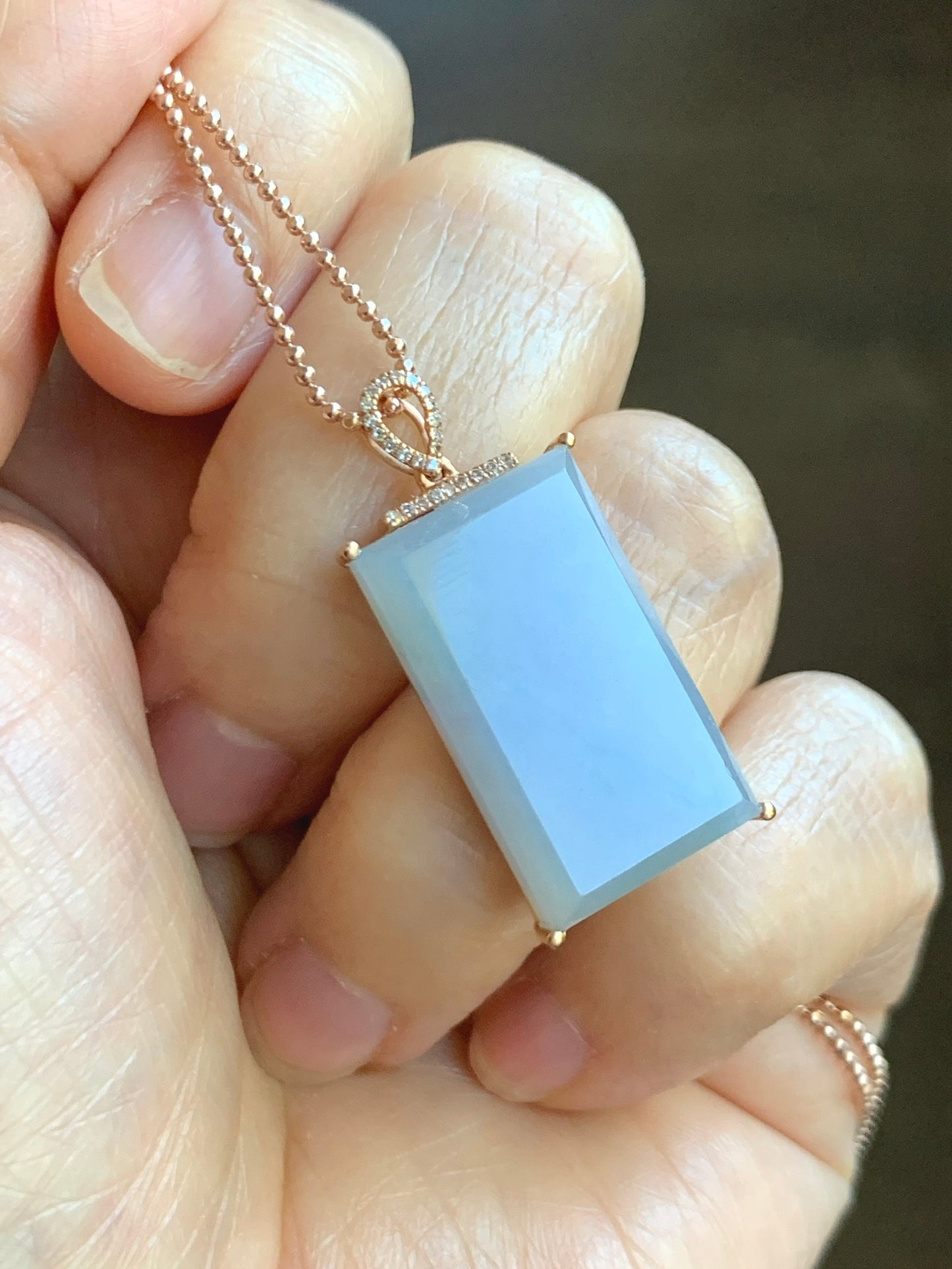 Certified Natural Grade A Pastel Purple Green Marbled Jade Jadeite Wu Shi Pai Pendant 18K Rose Gold Diamonds 5.5g 天然翡翠冰紫飘绿花钻石无事牌镶嵌吊坠 3157