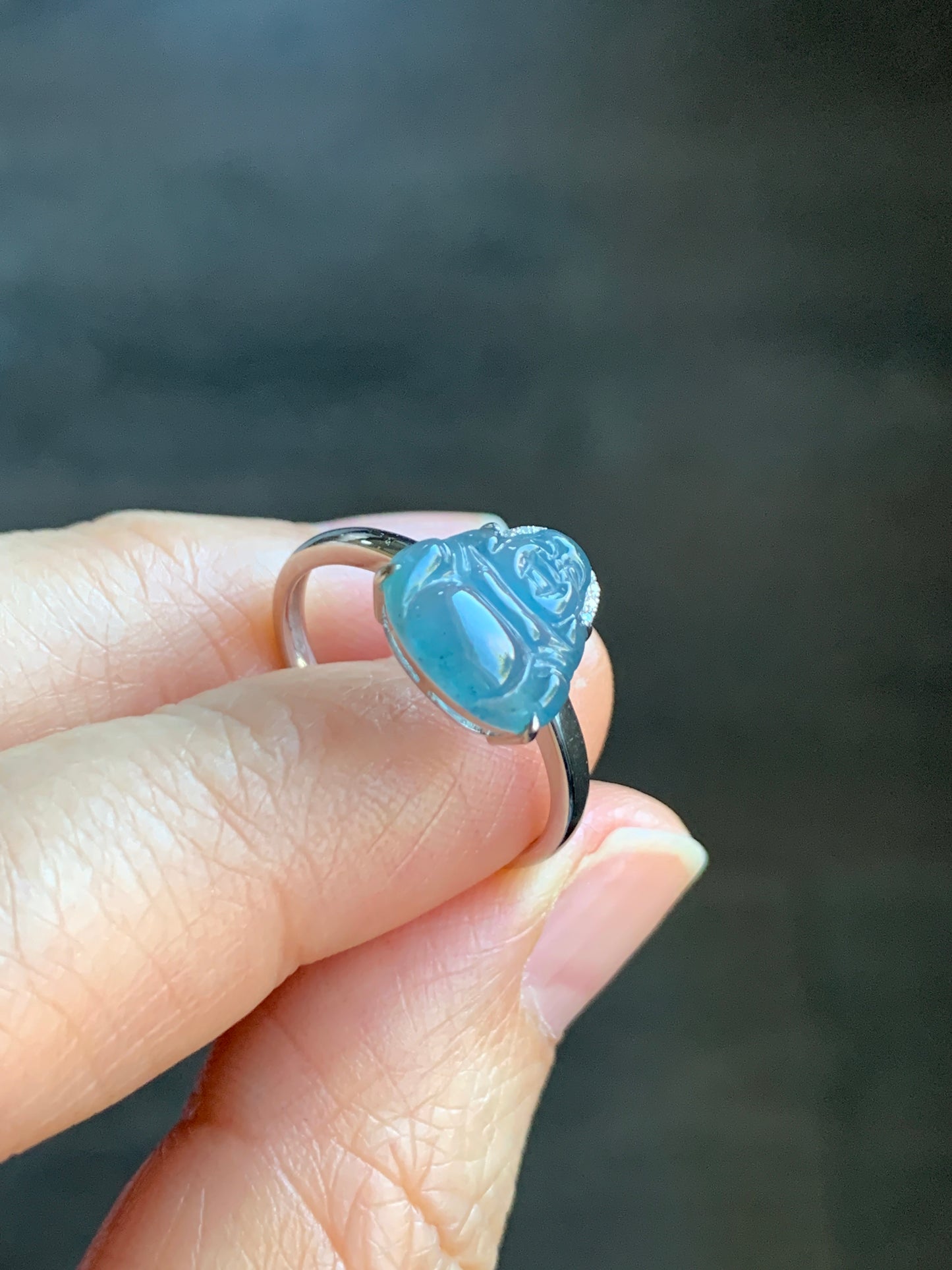Certified Natural Guatemalan Highly Translucent Blue Jadeite Buddha & Diamond Ring 18K White Gold Size 7 天然高冰危蓝水翡翠佛公钻石镶嵌戒指