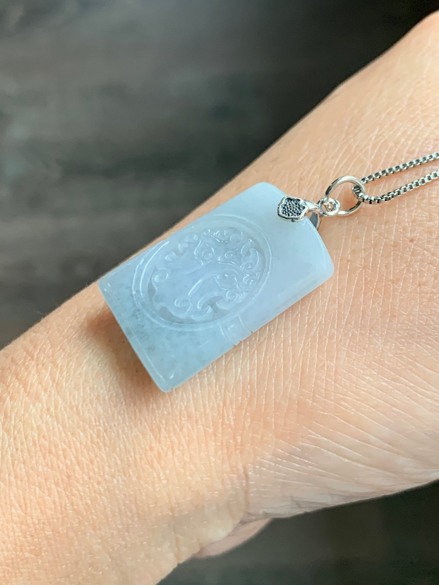 Natural Grade A Icy Translucent Pastel Blue Jade Jadeite Tao Tie Mythological Beast Tag Pendant Sterling Silver 7g 天然冰淡蓝底翡翠饕餮牌吊坠 TTE180