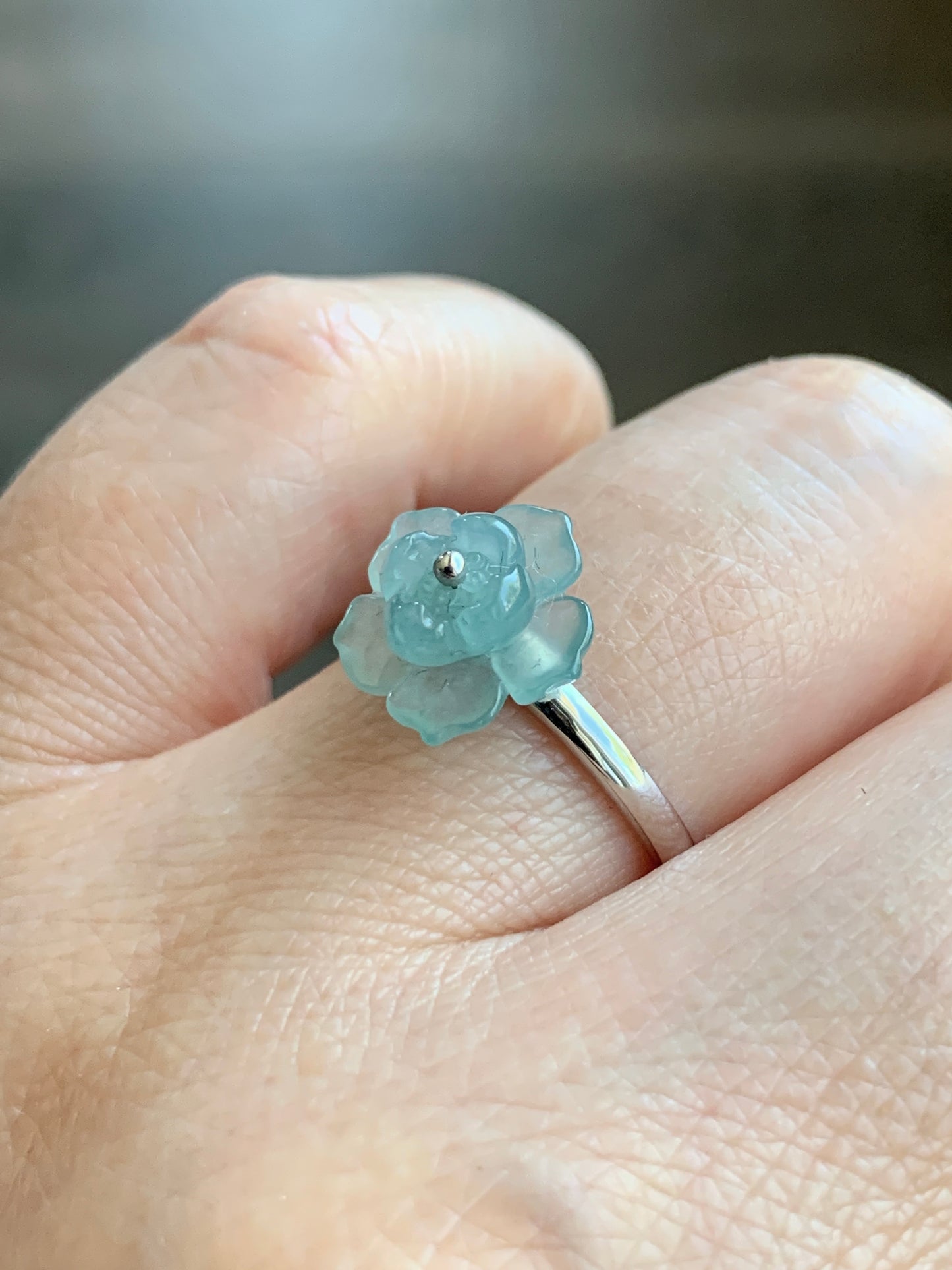 Certified Natural Guatemalan Icy Highly Translucent Light Blue Jade Jadeite Lotus Flower Ring 18K White Gold sz 7.25 2g 天然高冰危浅蓝翡翠莲花镶嵌戒指 3839