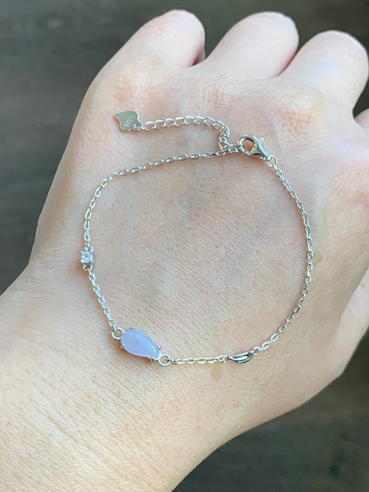 Natural Grade A Icy Translucent Light Purple Teardrop Jade Jadeite Chain Bracelet Sterling Silver 6.25"-7.5" 天然冰淡紫翡翠水滴蛋面银手链 ZSD88