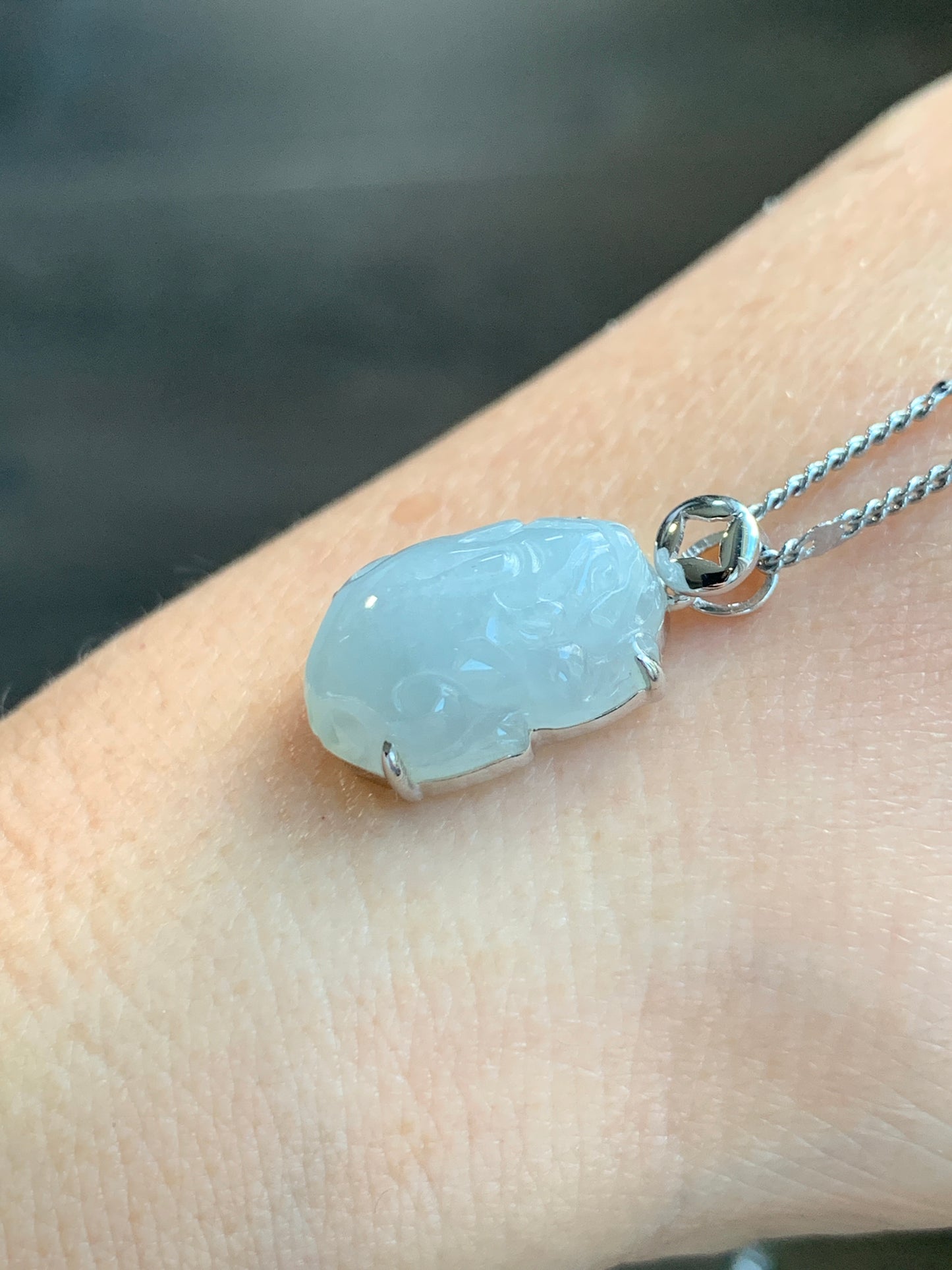 Certified Natural Grade A Icy Translucent Gelatinous Pastel Dusty Blue Jadeite Carved Petite Pixiu Pendant 18K White Gold 天然冰胶淡蓝翡翠貔貅镶嵌吊坠2296