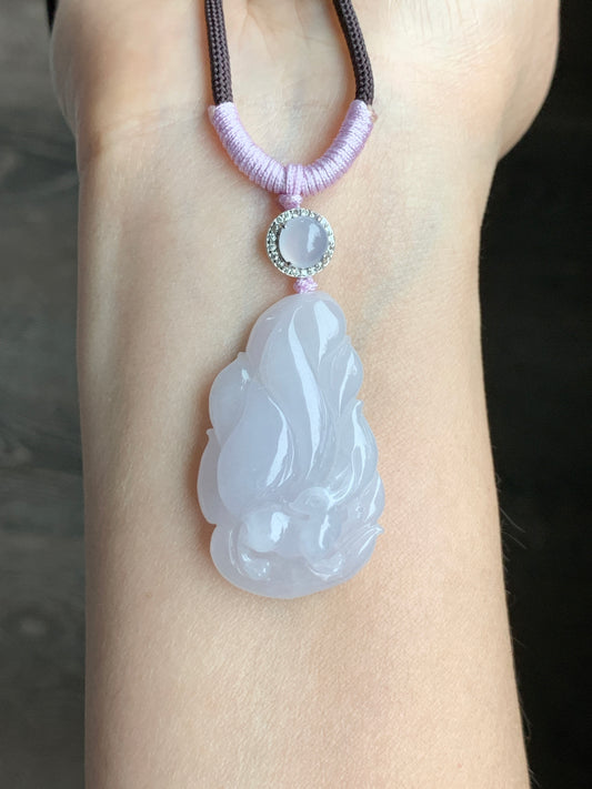 Certified Natural Grade A Icy Translucent Pastel Pinkish Purple Jadeite Carved Nine-Tailed Fox Pendant Rope Necklace 27” 天然冰胶淡粉紫翡翠九尾狐吊坠 3269