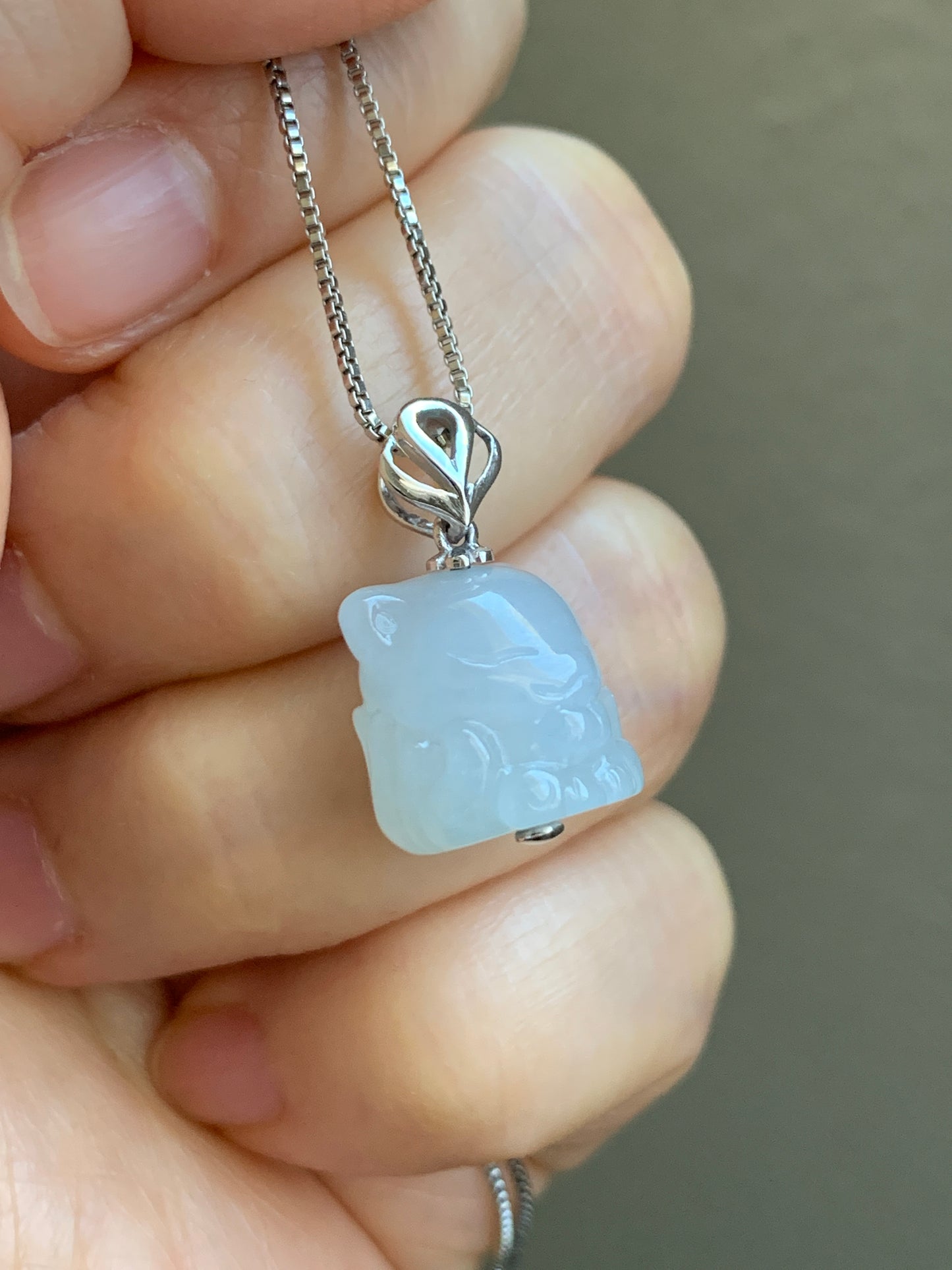 Certified Natural Grade A Icy Translucent & Gelatinous White Jadeite 3D Carved Nine-Tailed Fox Pendant 18K White Gold 天然白冰起胶翡翠九尾狐狸镶嵌吊坠 6756