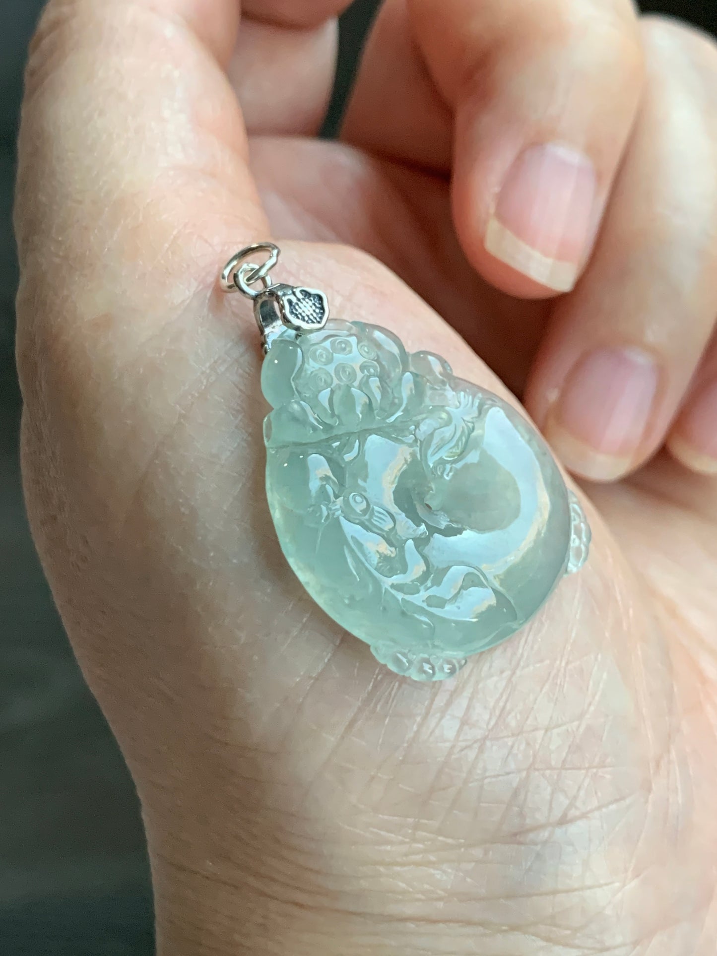Certified Natural  Premium Icy Light Green Jadeite Lotus Flower Goldfish Ping An Kou Donut Pendant Sterling Silver 天然冰胶起光晴底翡翠莲花鱼吊坠