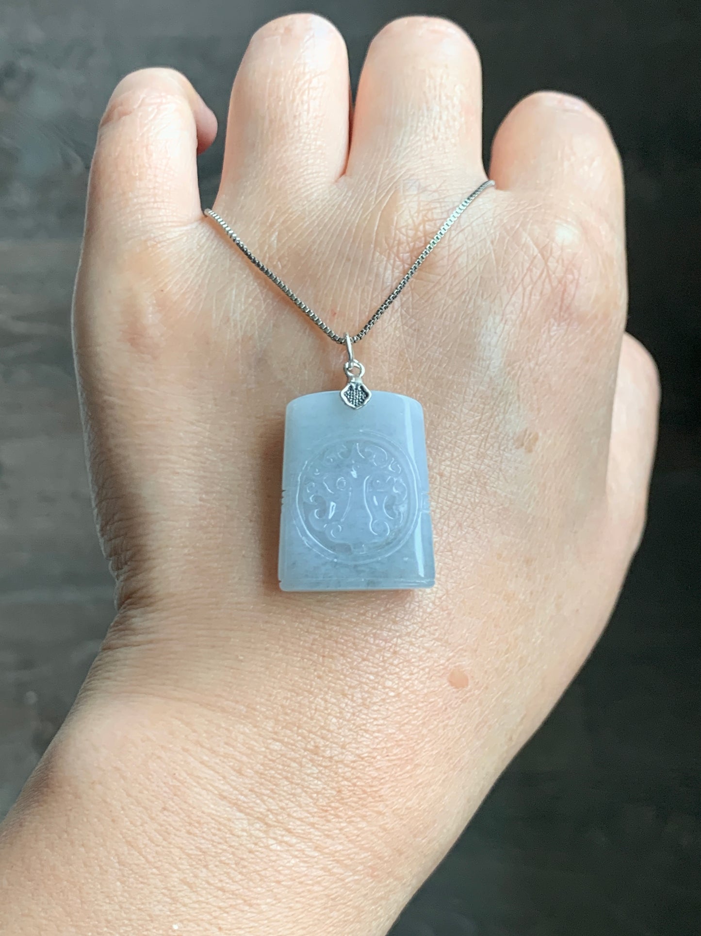 Natural Grade A Icy Translucent Pastel Blue Jade Jadeite Tao Tie Mythological Beast Tag Pendant Sterling Silver 7g 天然冰淡蓝底翡翠饕餮牌吊坠 TTE180