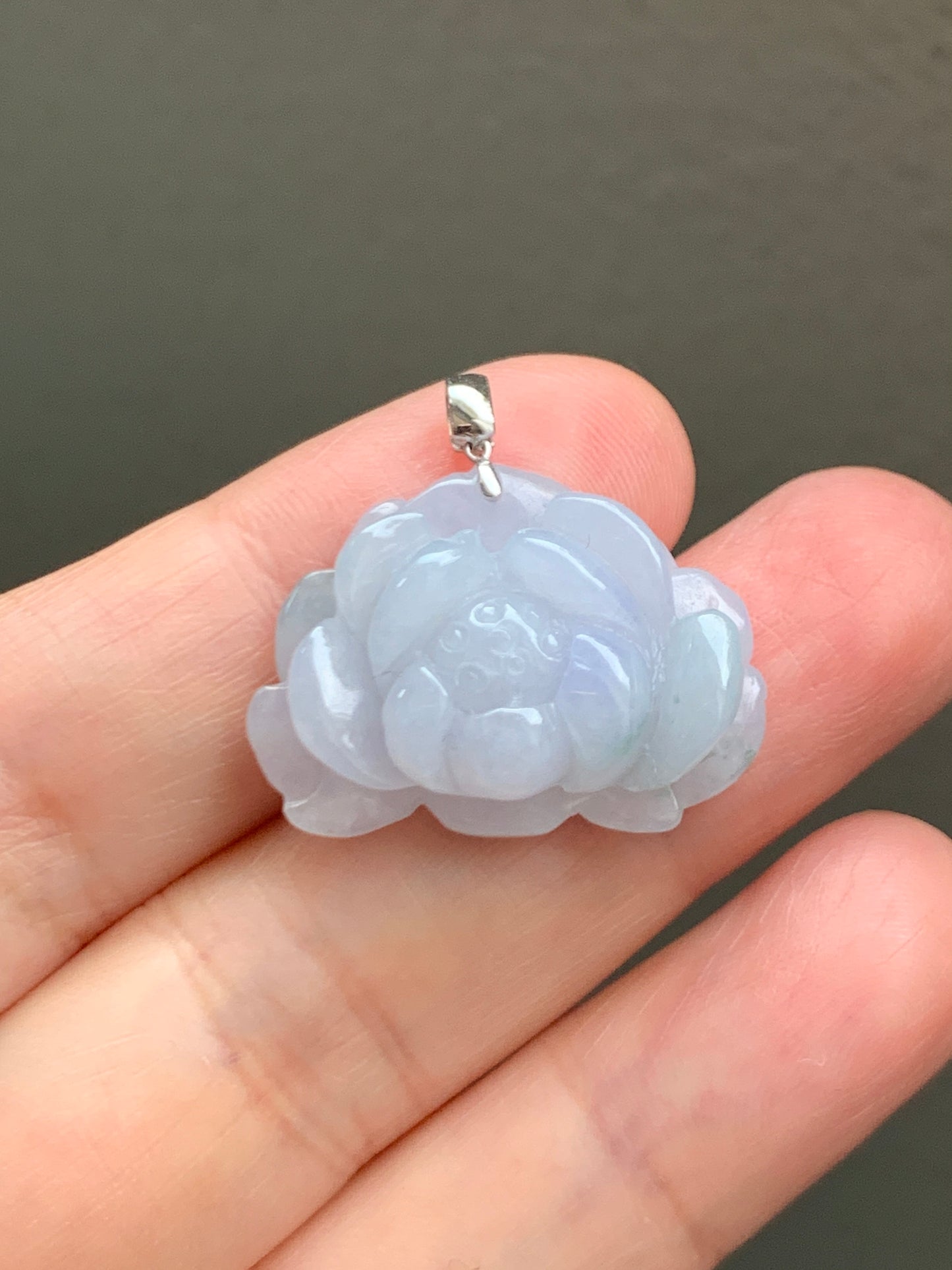 Natural Grade A Icy Translucent Pastel Purple Green Marbled Jade Jadeite Lotus Flower Pendant 18K White Gold 7g 天然冰淡紫飘绿花翡翠莲花镶嵌吊坠 MZL560C