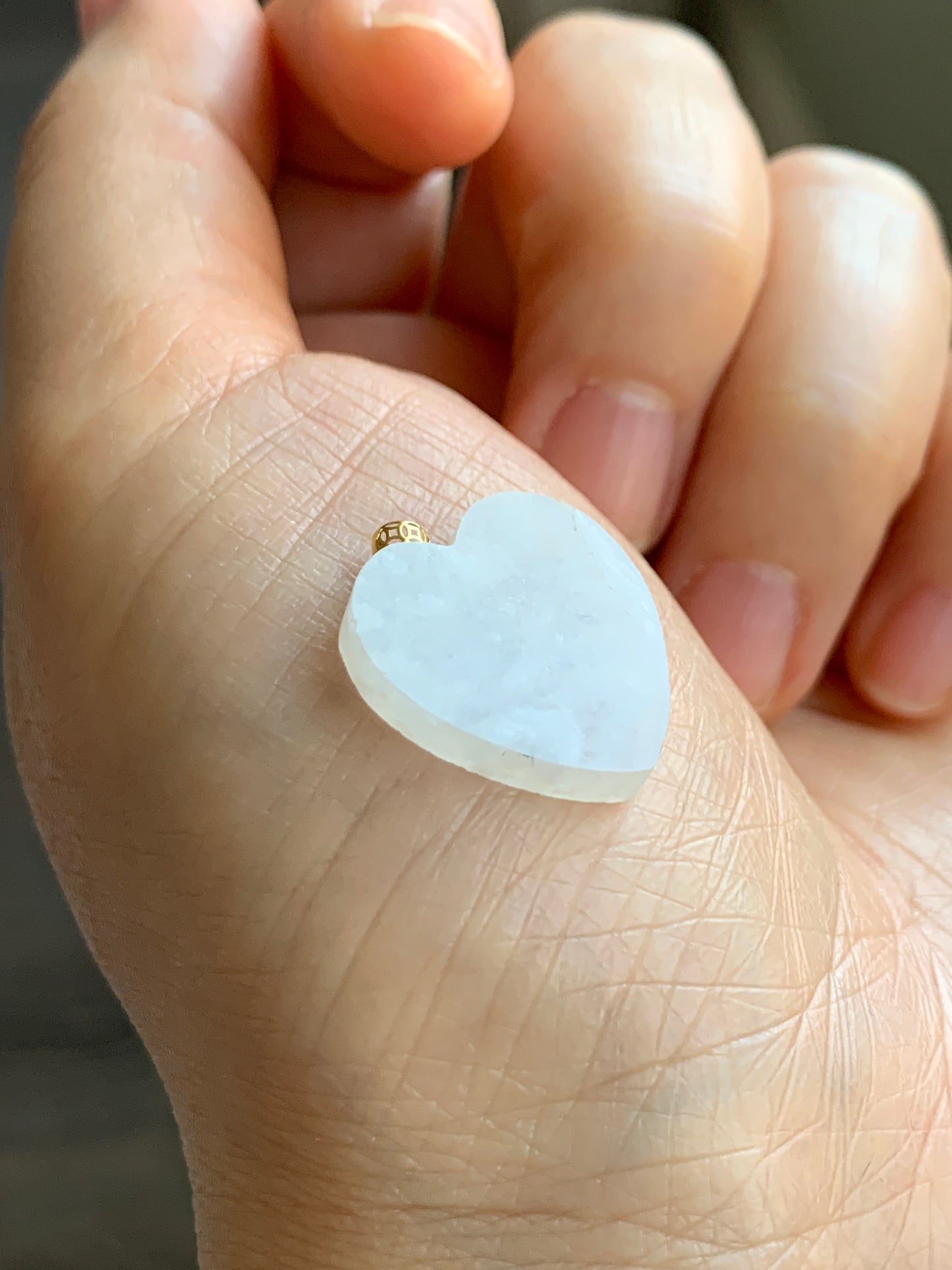 Natural  Highly Translucent Icy Jadeite w/ White Marbling Heart Pendant 18K Yellow Gold Bail 17” Cord 天然白冰莫西沙翡翠爱心镶嵌吊坠 Style 2