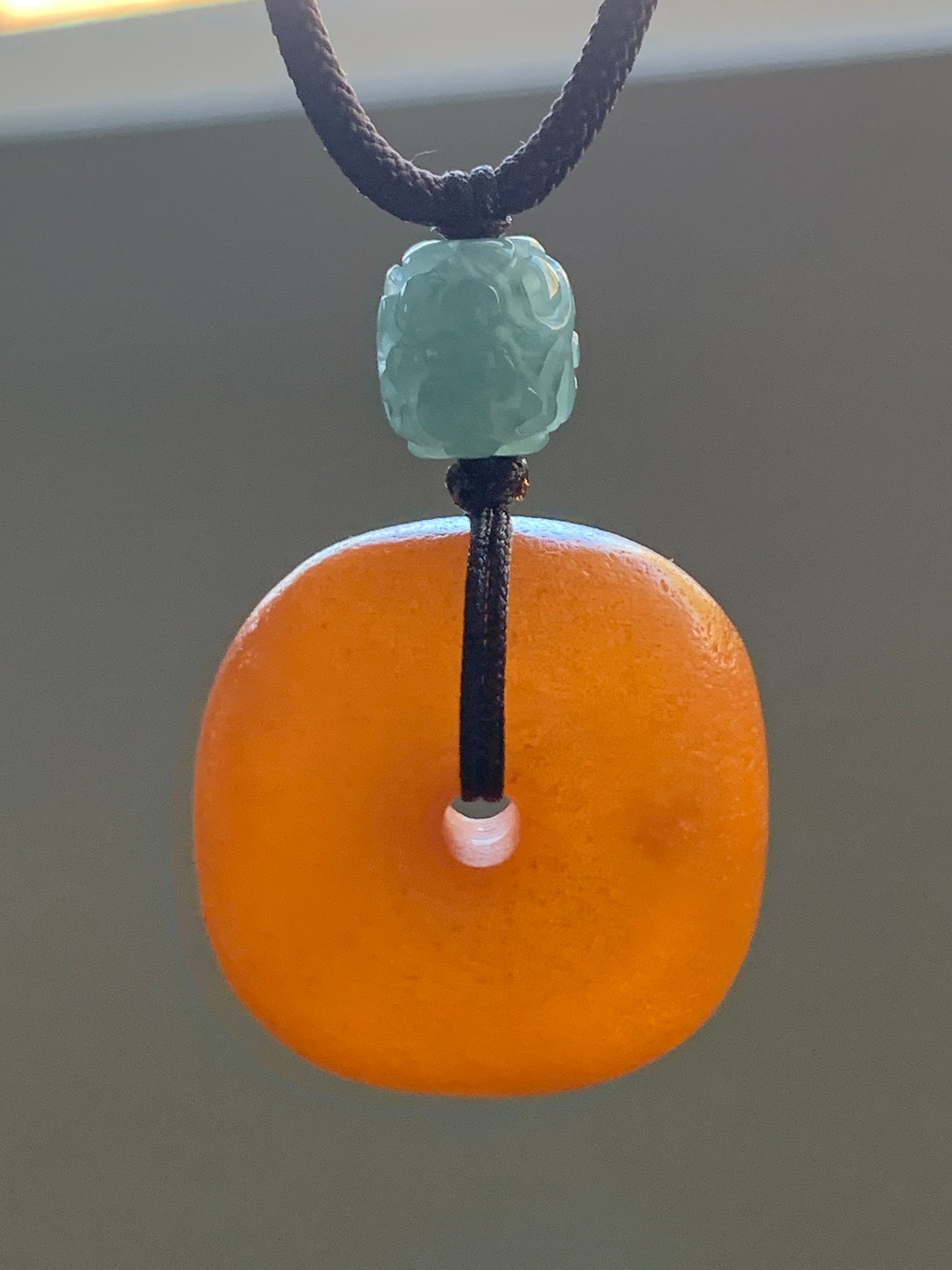 Natural Beewax Amber Large Square Donut Natural Guatemalan Light Dusty Blue Engraved Barrel Bead Necklace Sterling Silver