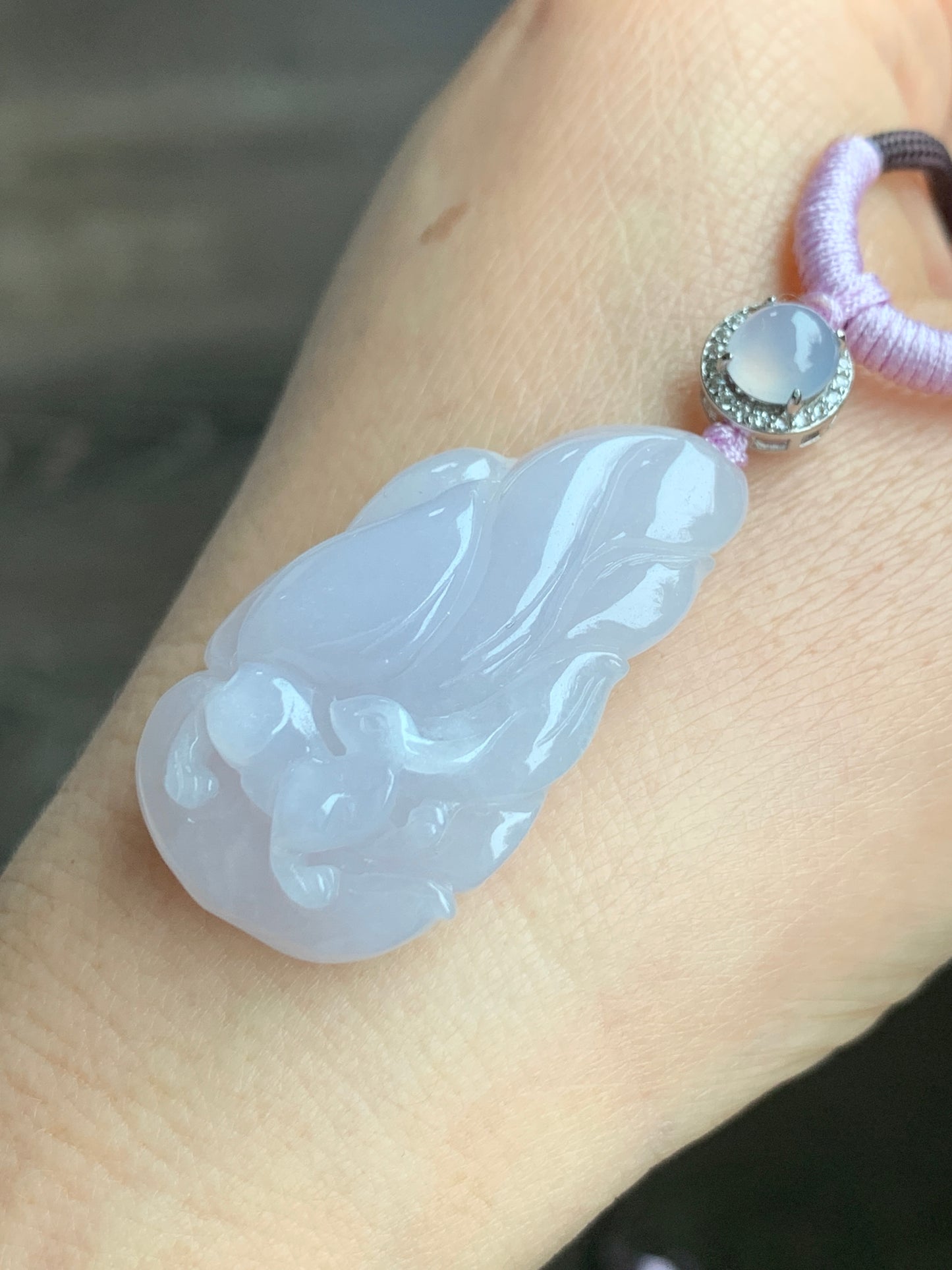 Certified Natural Grade A Icy Translucent Pastel Pinkish Purple Jadeite Carved Nine-Tailed Fox Pendant Rope Necklace 27” 天然冰胶淡粉紫翡翠九尾狐吊坠 3269