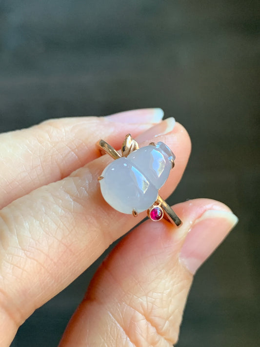 Certified Natural  Highly Translucent Gelatinous Pink Jadeite Hulu Gourd Ring 18K Rose Gold sz 7 天然冰粉起光起胶葫芦翡翠红宝镶嵌戒指