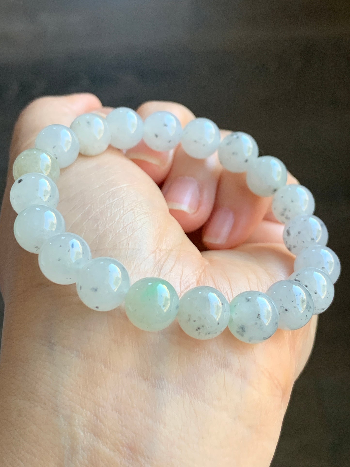 Large  Natural Premium Icy Translucent Gelatinous White Wuji Jadeite Beaded Bracelet 9.7mm 7.25” 天然大卡冰胶白乌鸡翡翠手串 DBWJ-RJ