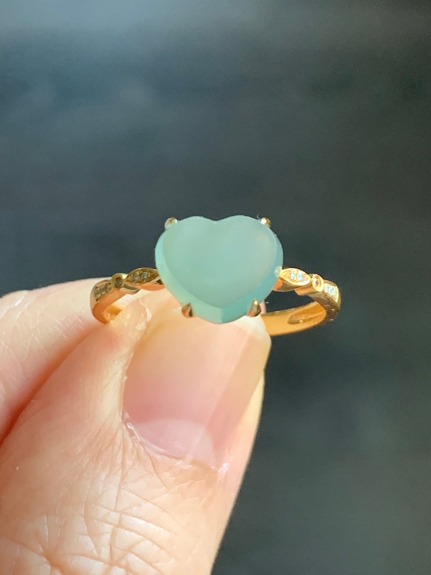 Certified Grade A Natural Premium Icy Light Green Faceted Jadeite Heart Cabochon 18K Yellow Gold Diamond Ring Sz 6.75 US 2.1g 天然正冰晴底翡翠切割面爱心钻石戒指