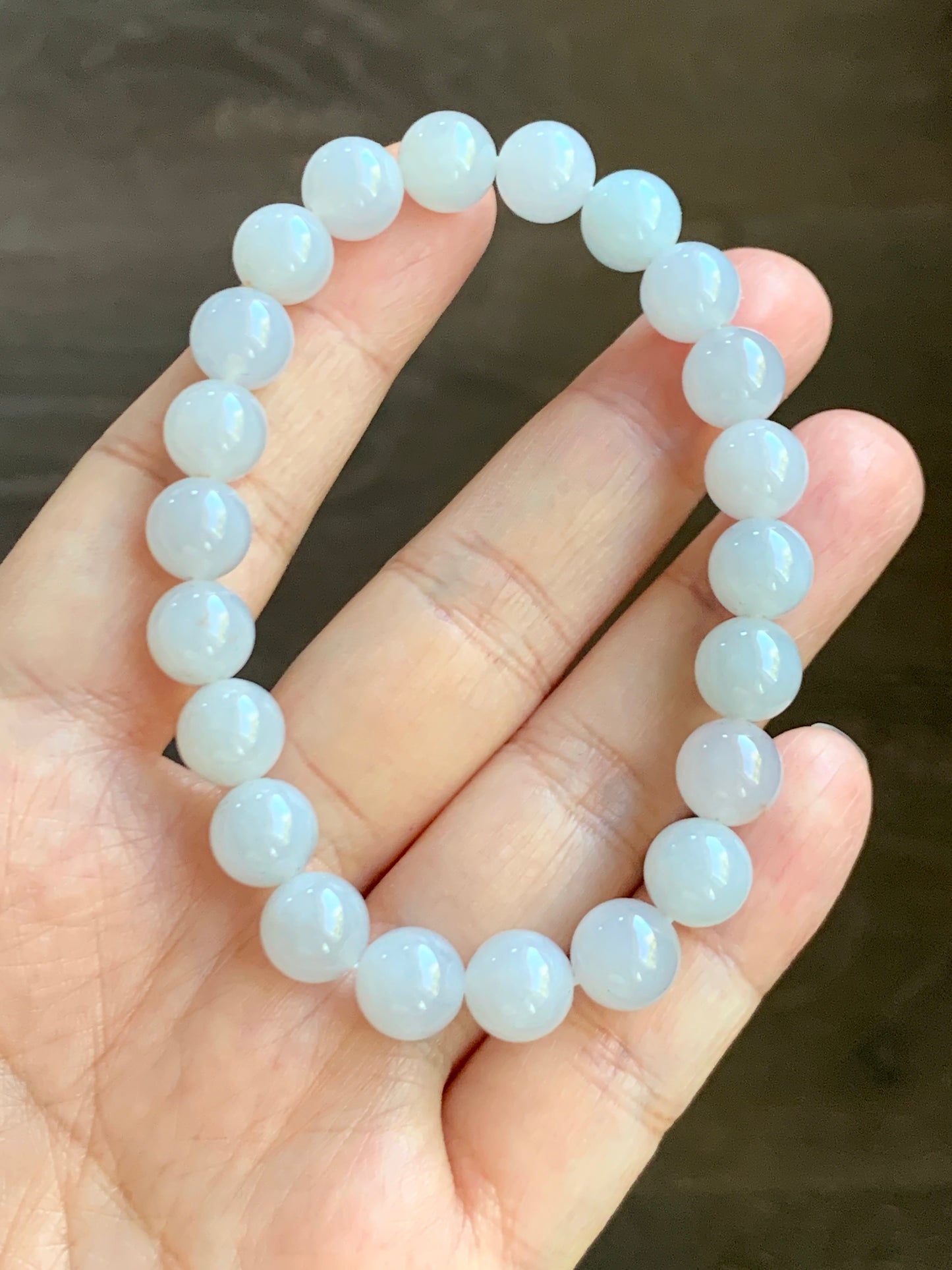 Certified Natural Grade A Icy Translucent Gelatinous Pastel Blue Golden Marbled Jadeite Beaded Bracelet 8.7mm 7.25” 天然老种冰胶淡蓝底撒金翡翠圆珠手串 9409