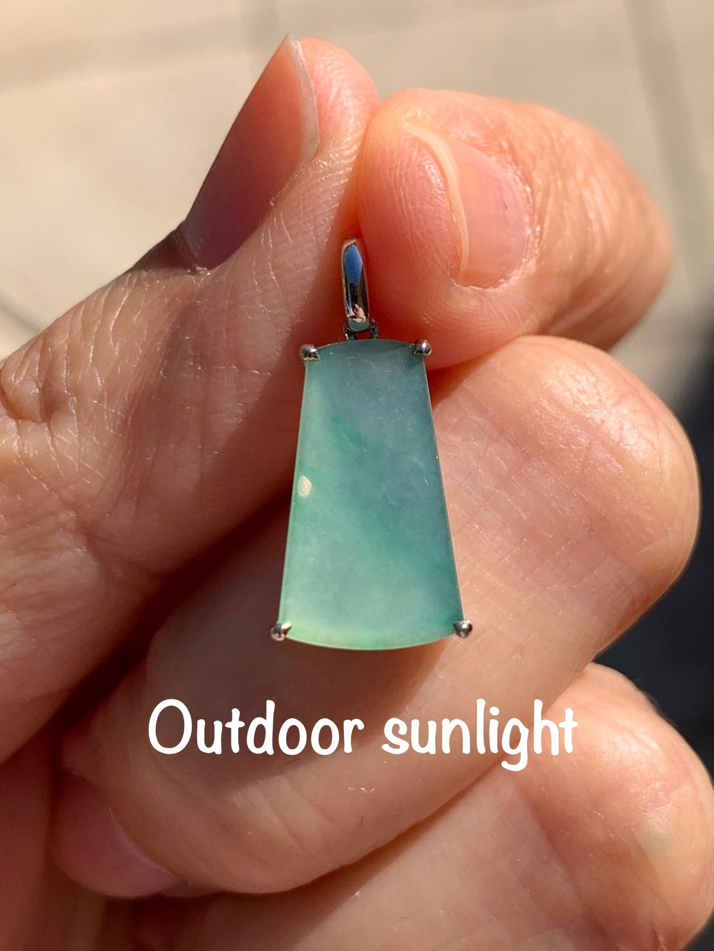 Petite Certified Natural  Icy Highly Translucent Light Green Jadeite Wu Shi Pai Amulet 18K White Gold 1.26g 天然冰果绿翡翠无事牌镶嵌吊坠 6890