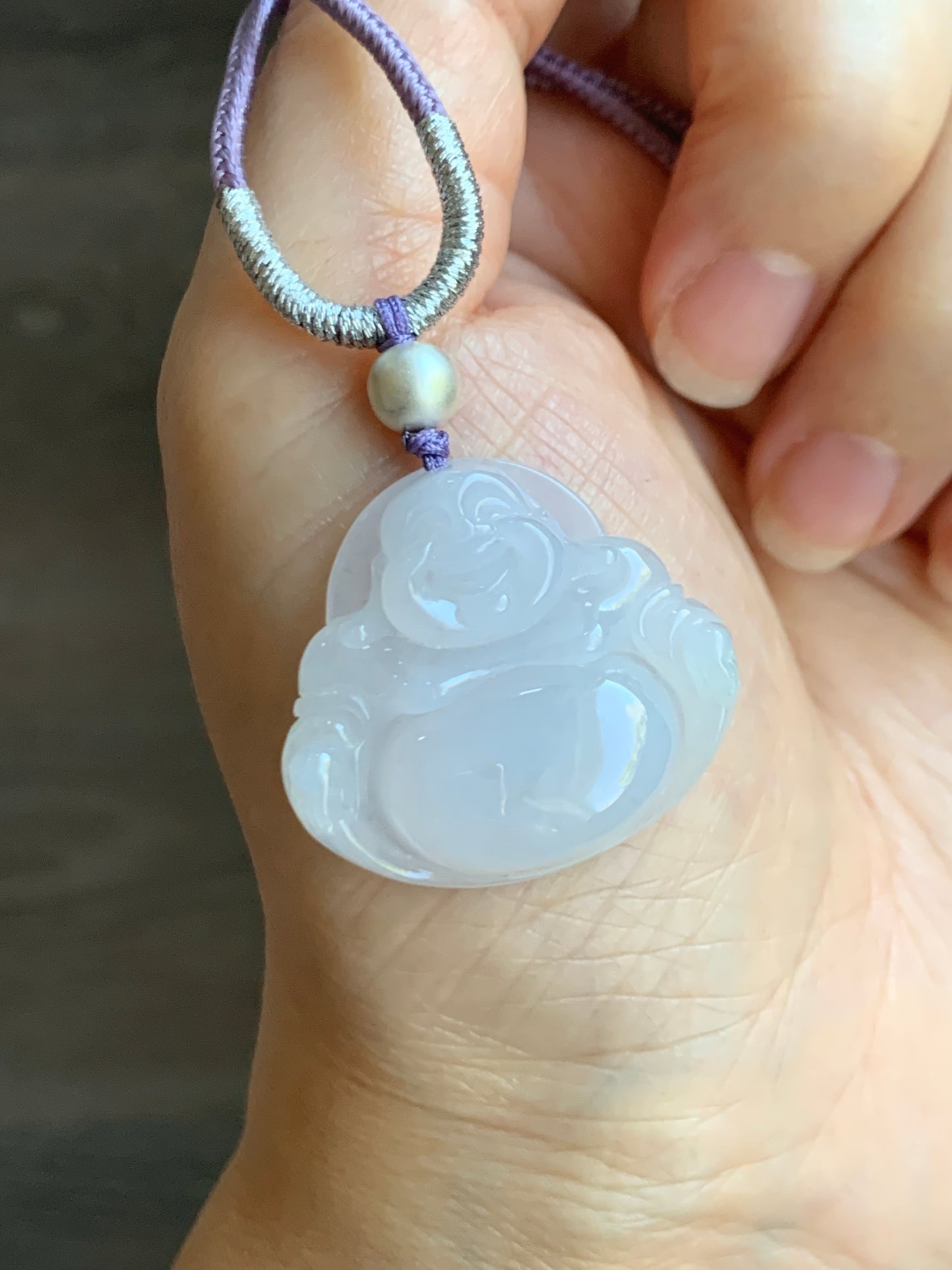 Certified Natural  Icy Translucent Pale Purple Jadeite Buddha Pendant Rope Necklace Sterling Silver 23” 天然冰淡紫底翡翠佛公吊坠 7076