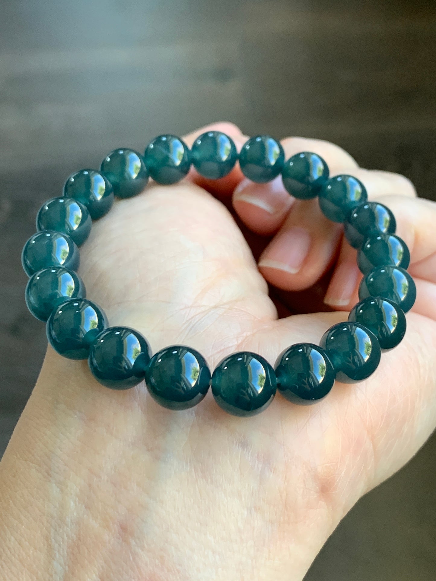Certified Natural Grade A Icy Highly Translucent Gelatinous Dark Teal Blue Jadeite Beaded Bracelet 9.9mm 7.25” 33g 7817